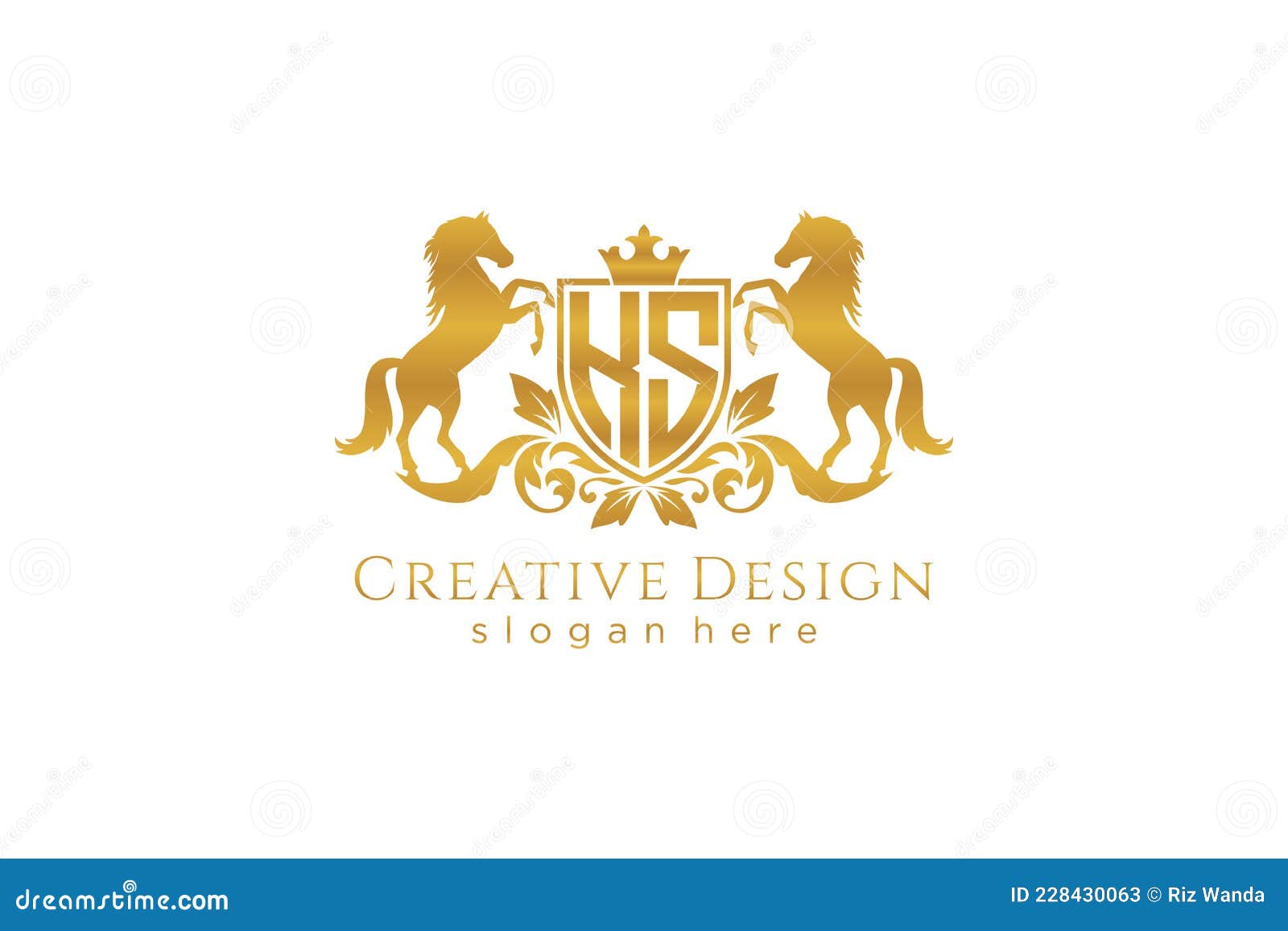 initial ks retro golden crest with shield and two horses, badge template with scrolls and royal crown - perfect for luxurious