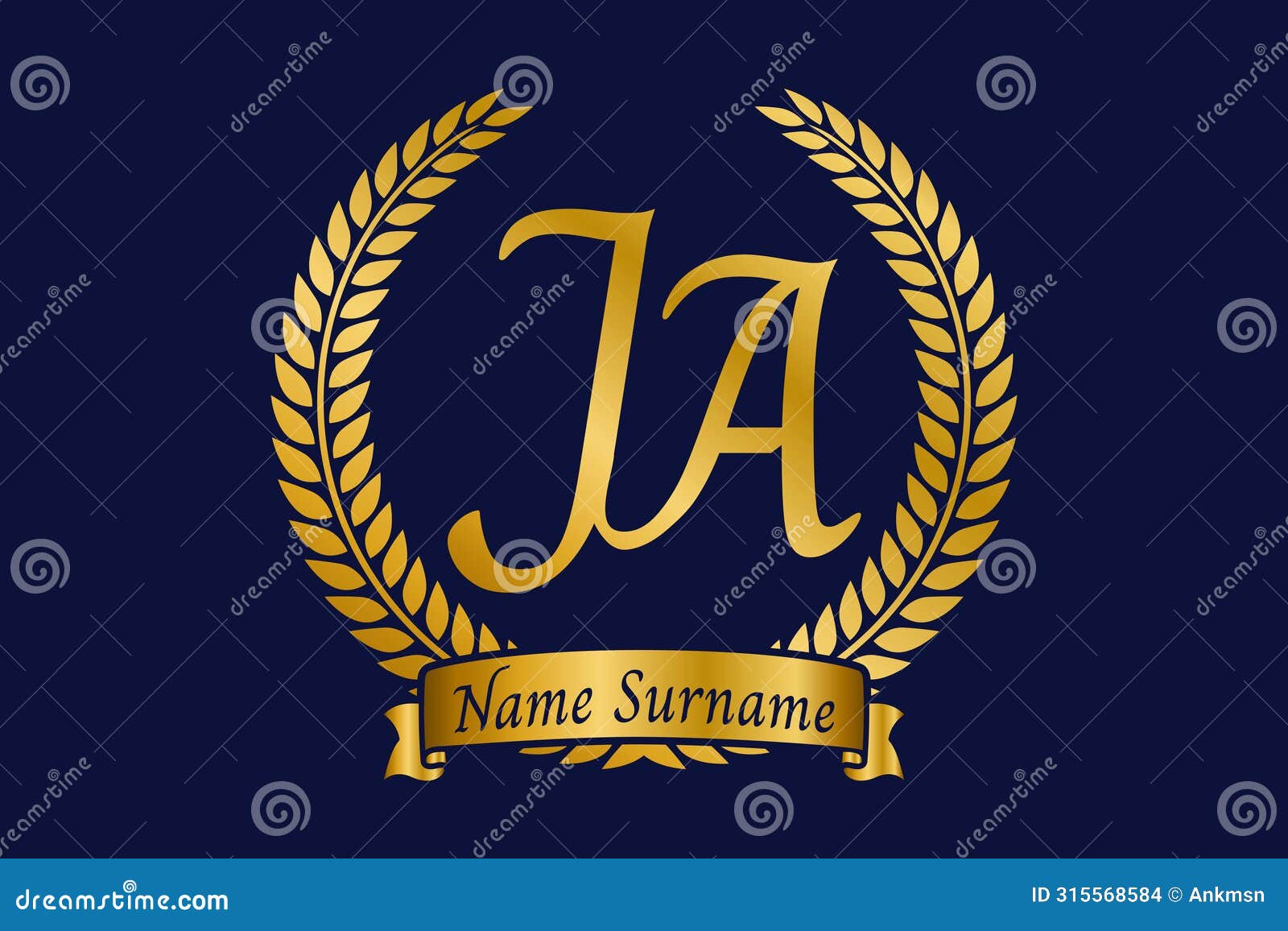 initial letter j and a, ja monogram logo  with laurel wreath. luxury golden calligraphy font