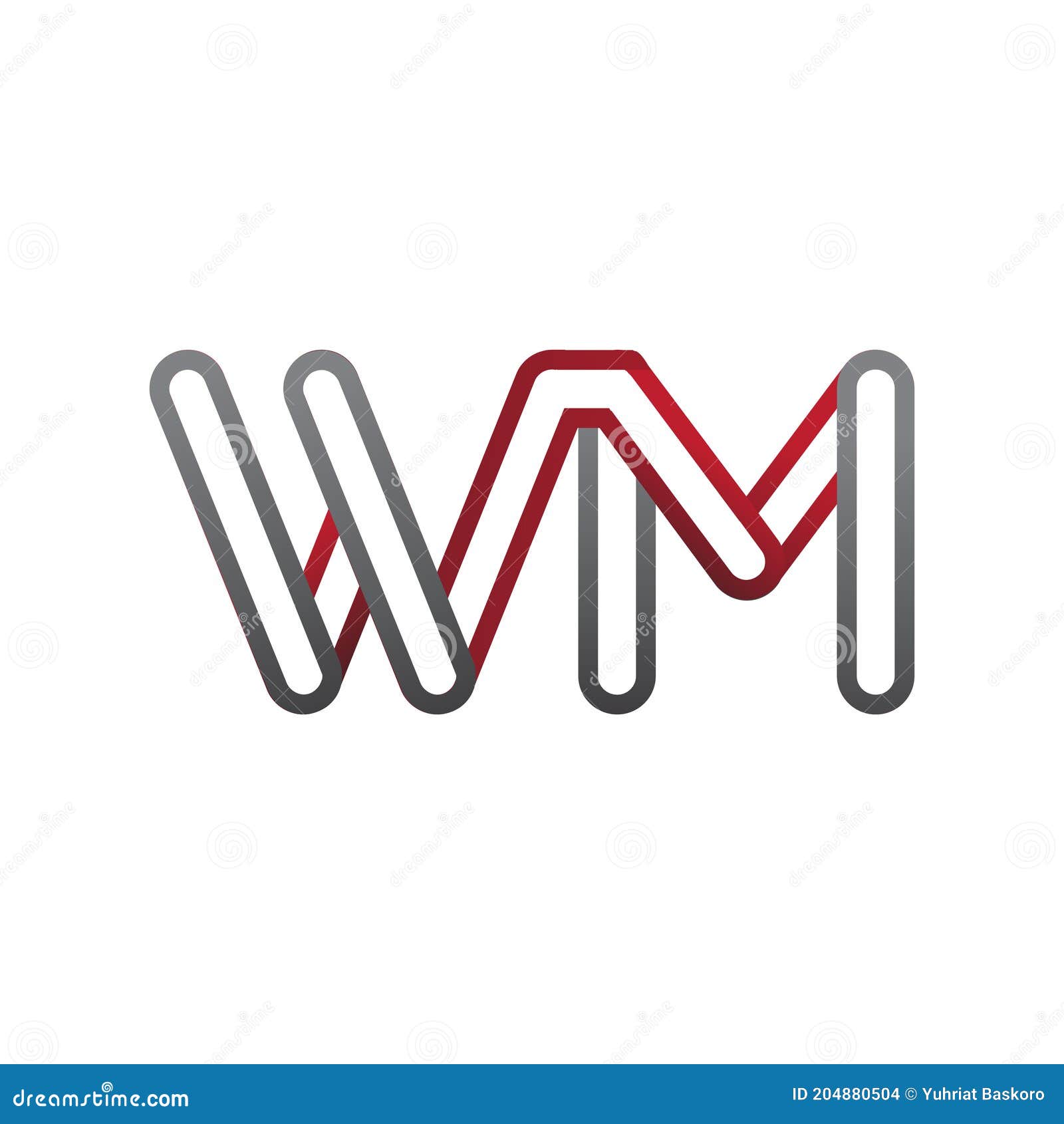 Initial Logo Letter WM, Linked Outline Red and Grey Colored, Rounded