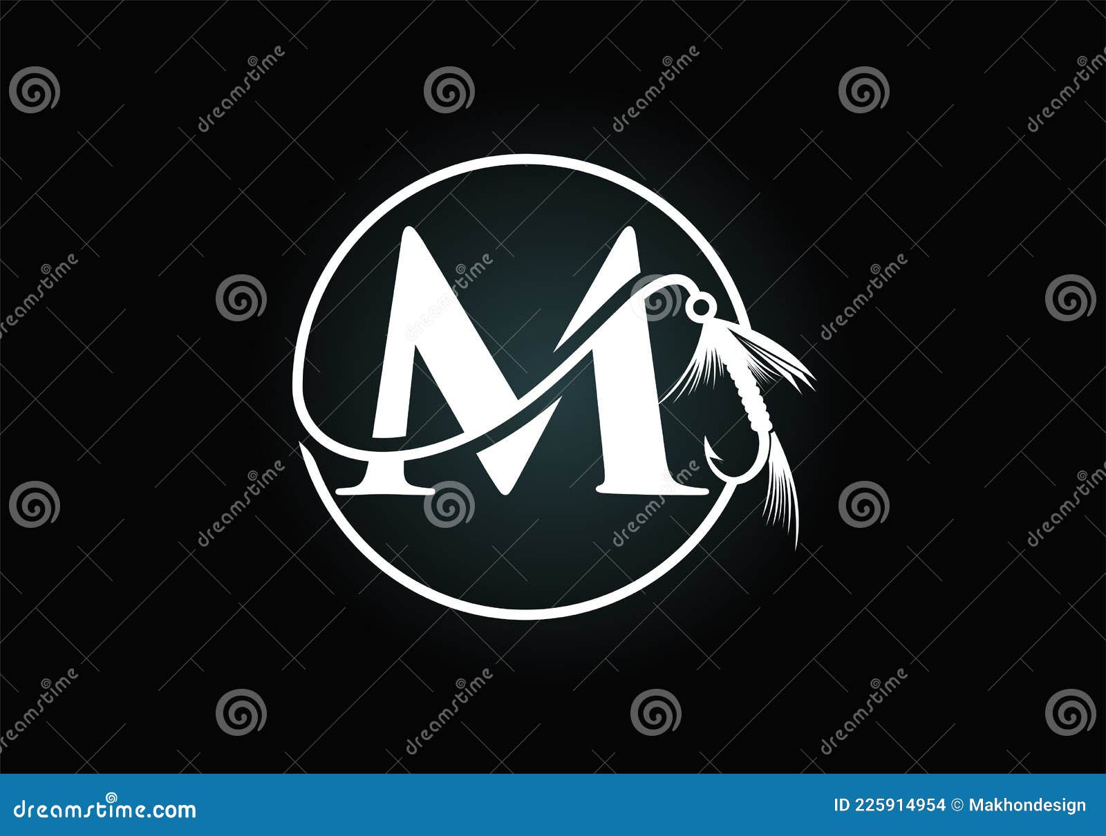 Initial M Monogram Letter Alphabet with Fishing Hook. Fishing Logo