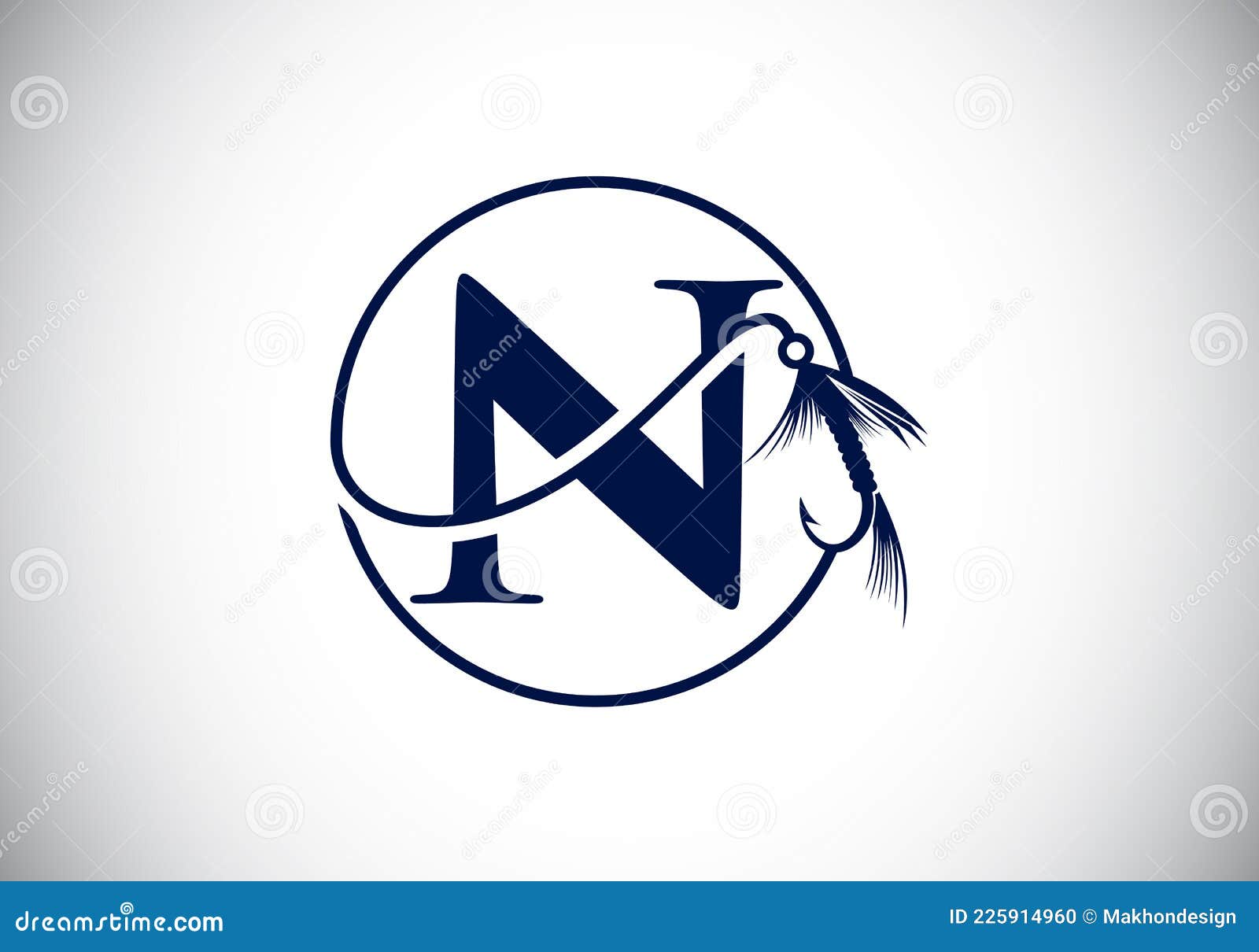 Initial N Monogram Letter Alphabet with Fishing Hook. Fishing Logo