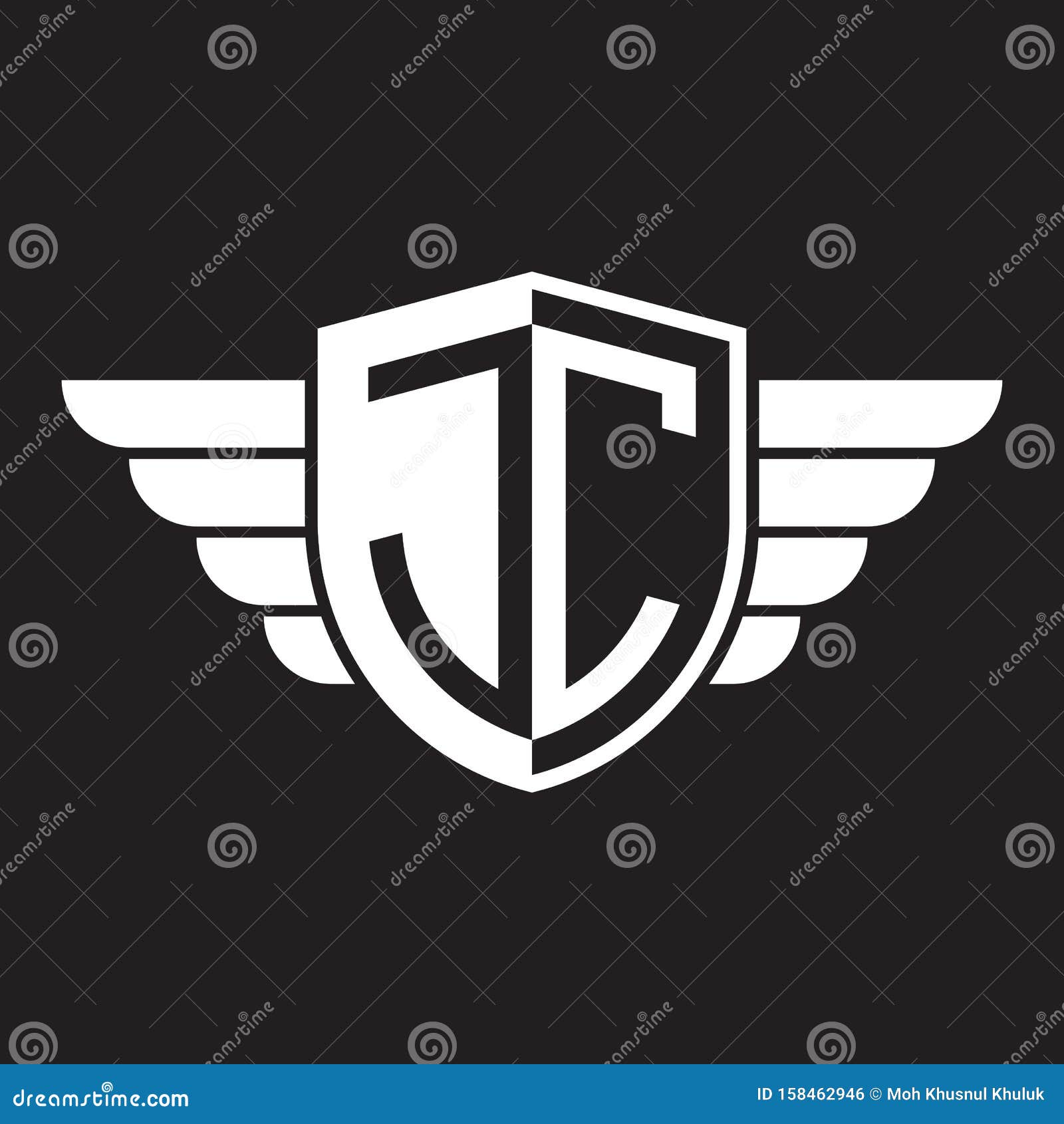 Initial Two Letter JC Logo Shield with Wings Vector White Color Stock