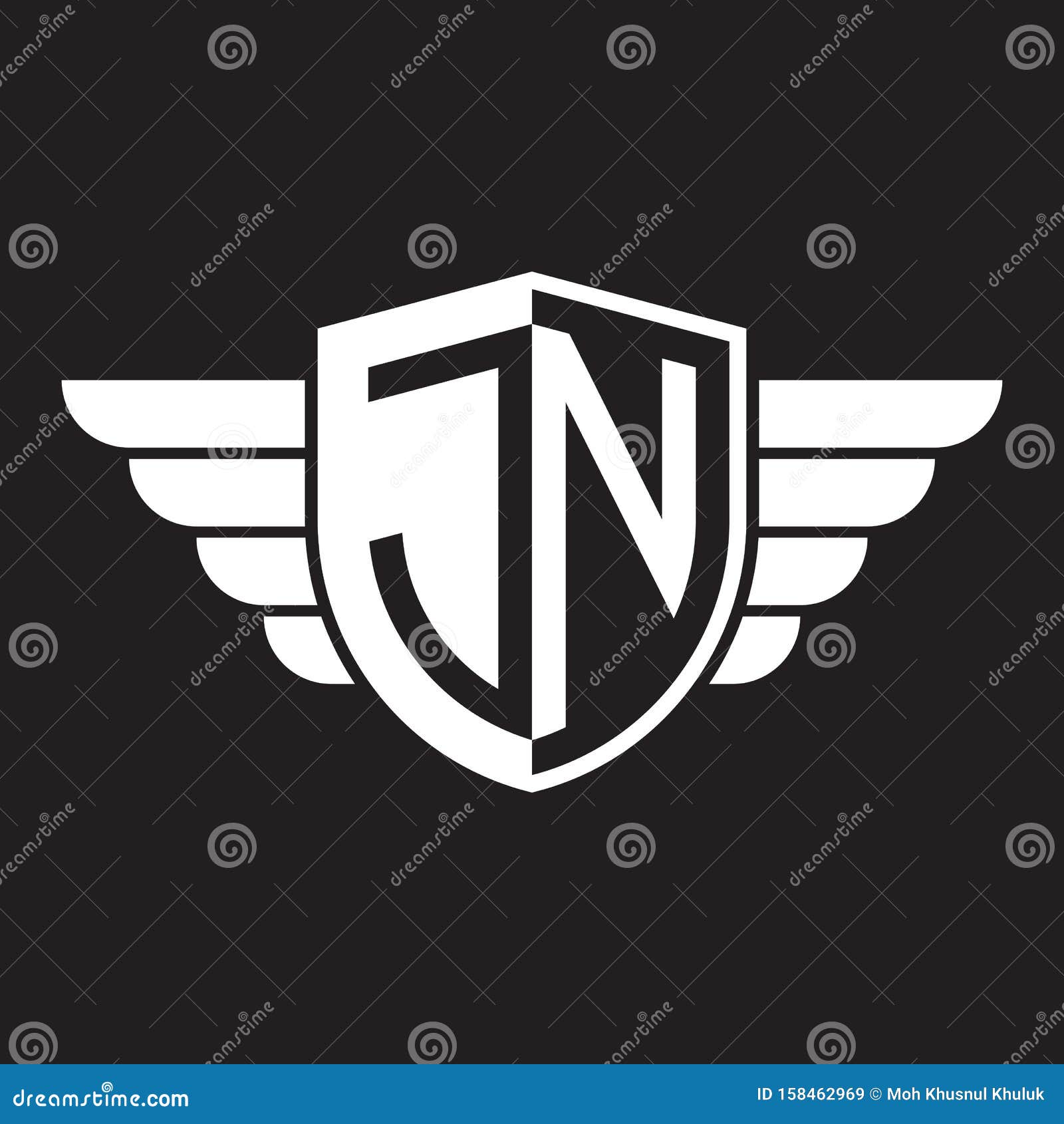 Initial Two Letter JN Logo Shield With Wings Vector White Color Stock