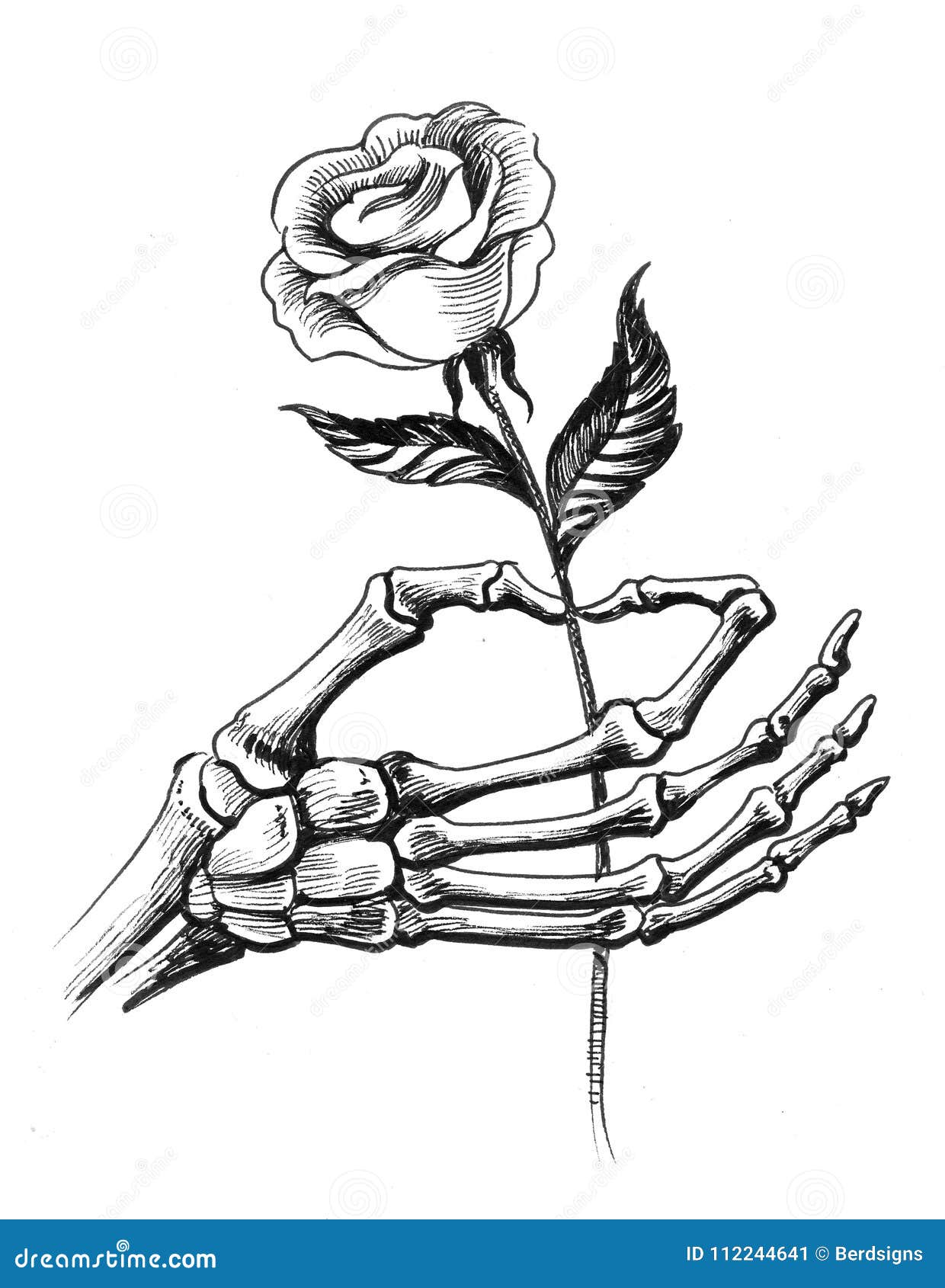 Skeleton hand with a rose stock illustration. Illustration of drawing