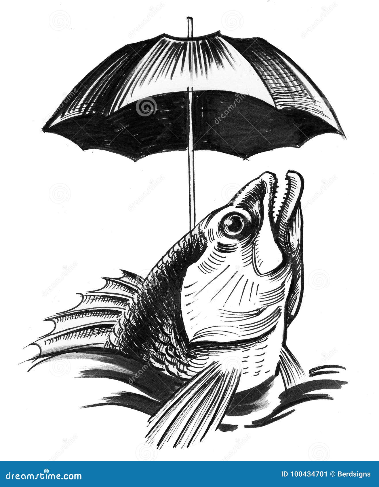 Fish under the umbrella stock illustration. Illustration of funky