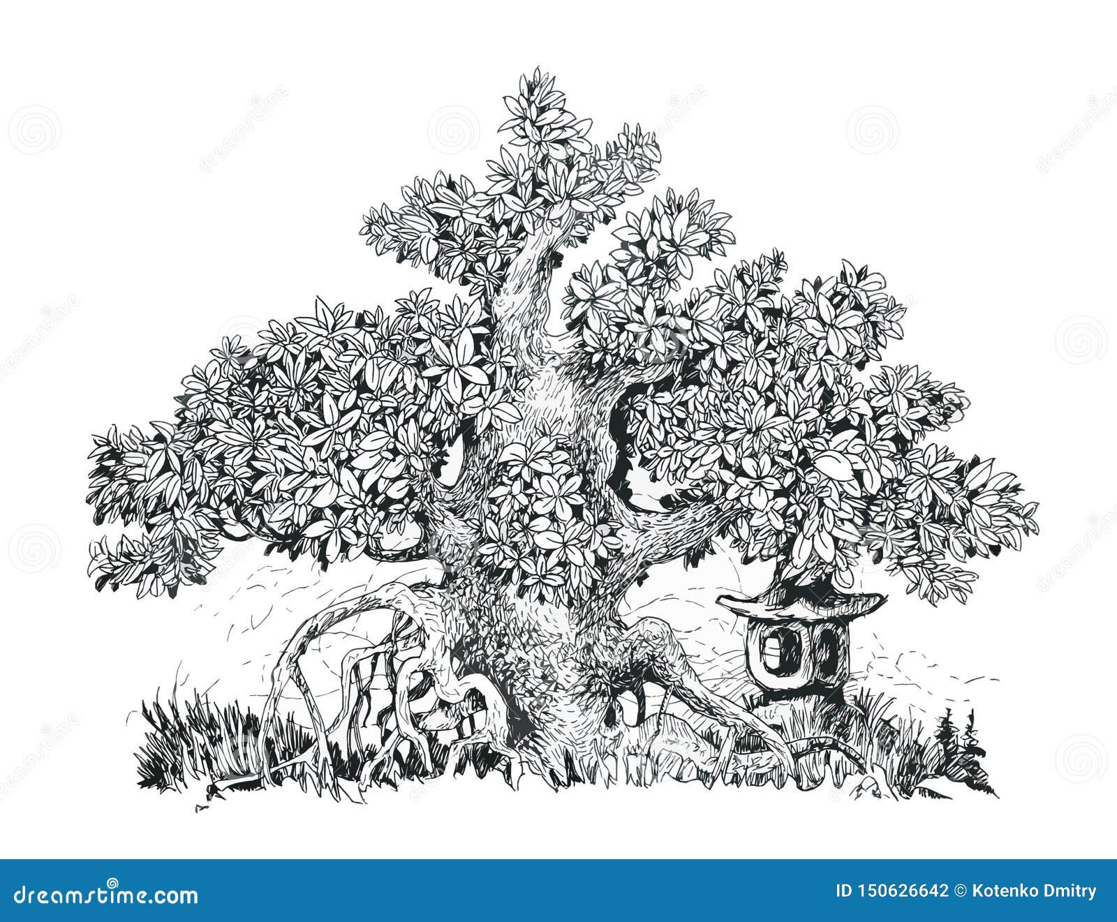 Japanese Bonsai And Stone Lantern Ink Drawing Stock Illustration Illustration Of Japanese Trees 150626642