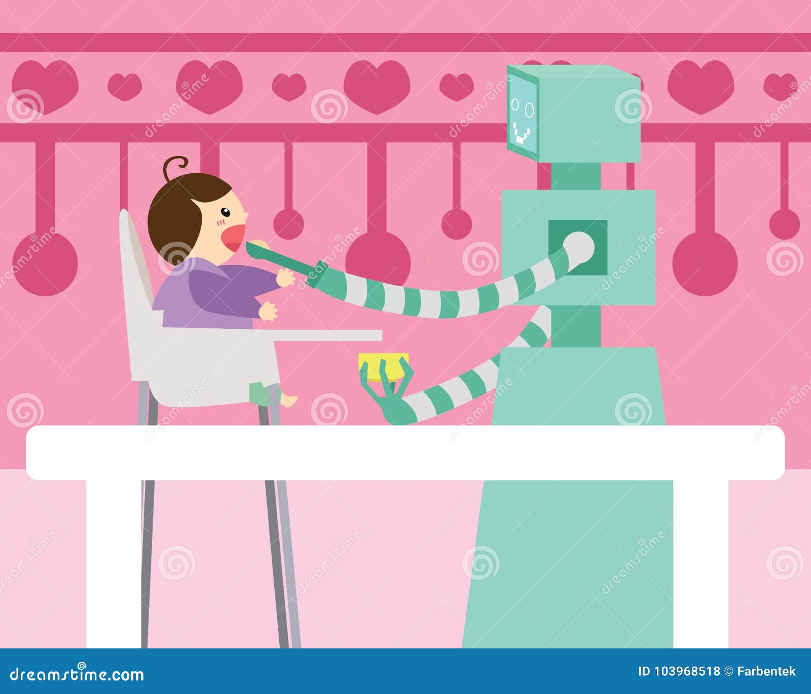 Inlandischer Roboterloffel Der Das Kleine Baby Sitzt Auf Hochstuhl In Der Kuche Einzieht Stock Abbildung Illustration Von Menschlich Humanoid