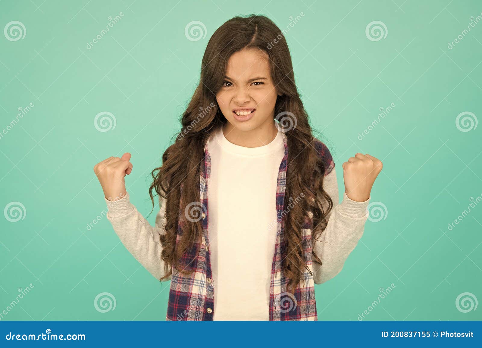 Inner Energy. Little Girl Flex Arms Blue Background. Small Girl ...