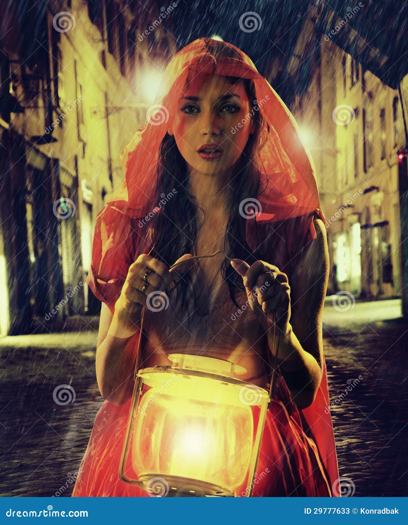 Innocent Woman In Red Holding The Lantern Stock Photos 