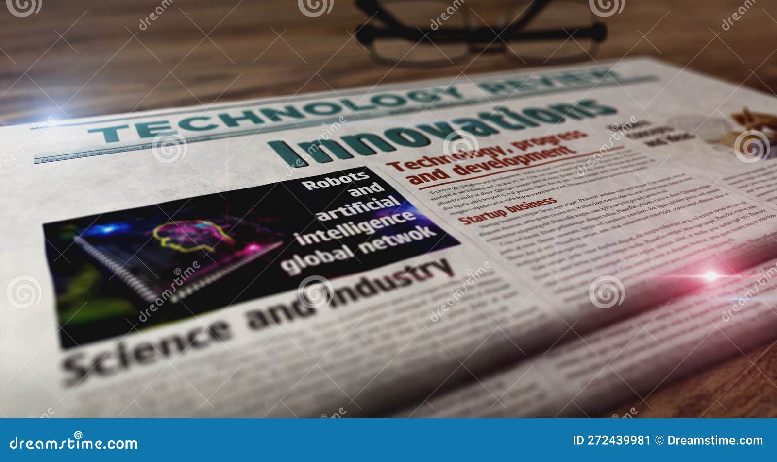 Innovation Creative and Development Newspaper on Table Stock