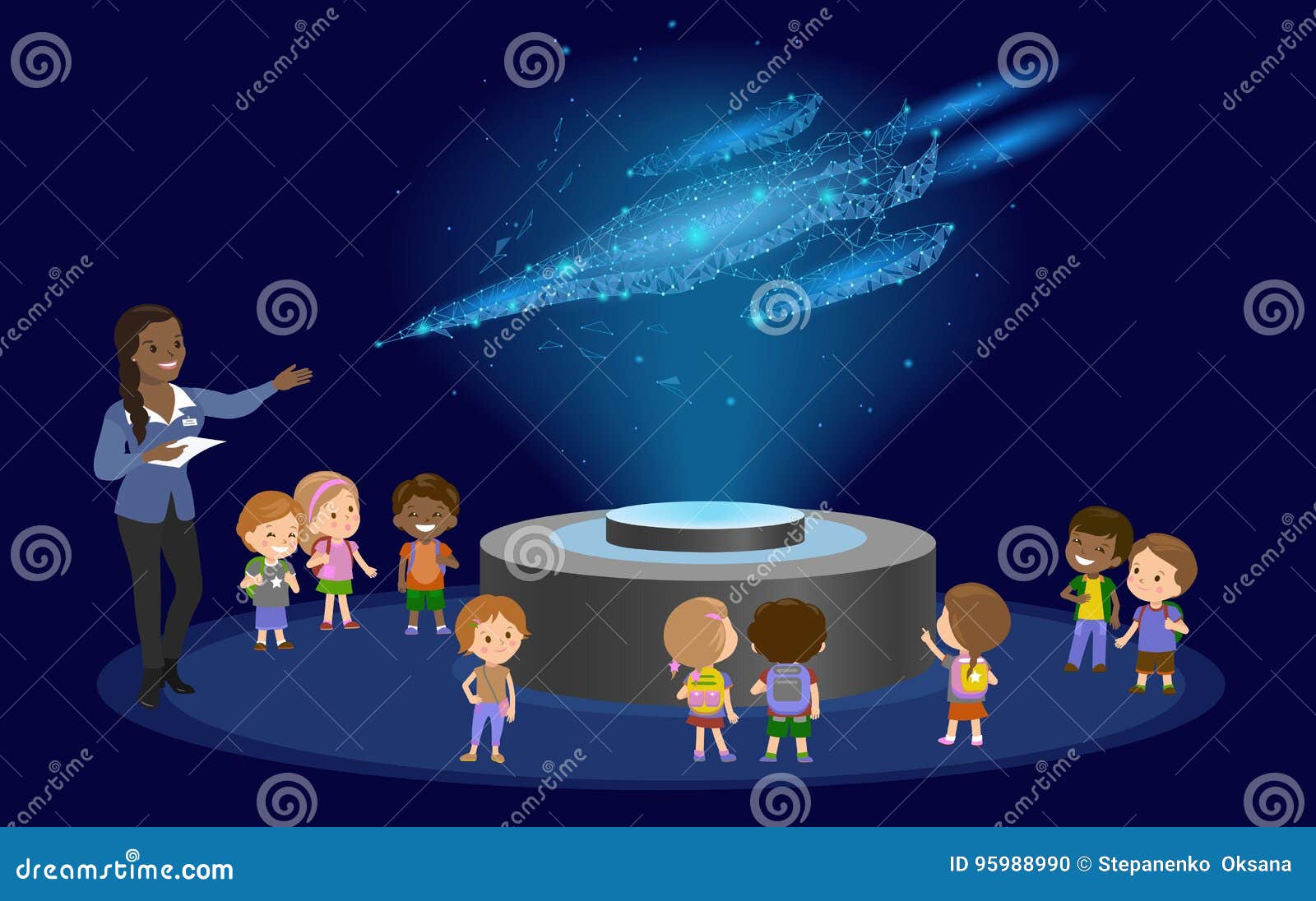 innovation education ary school african brown skin black hair group of kids planetarium science spaceship hologram on space