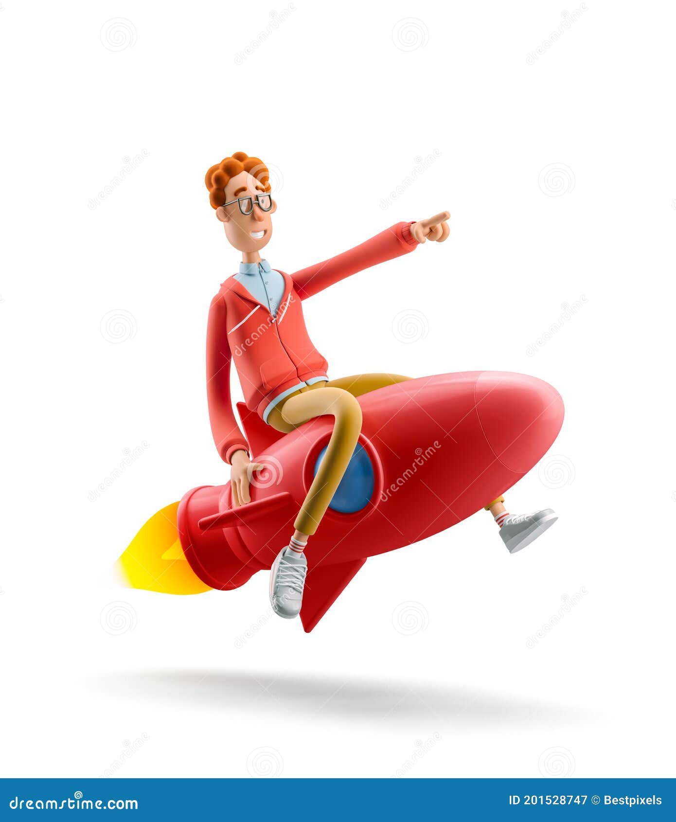 3d . nerd larry is flying on a rocket. innovation and startup concept.