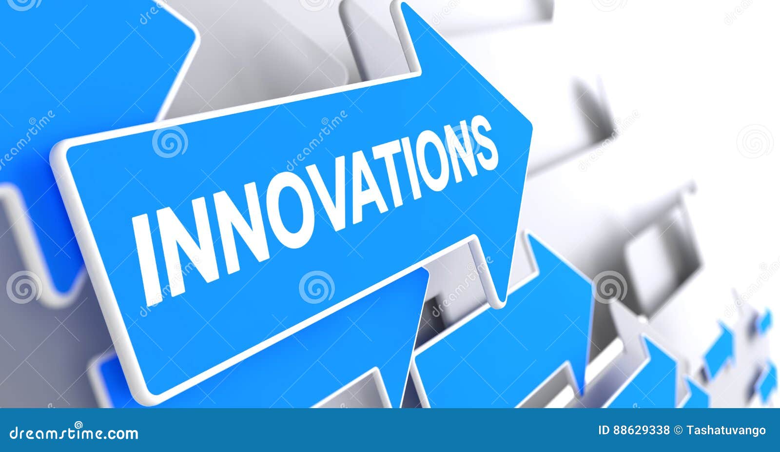 innovations - label on the blue arrow. 3d.