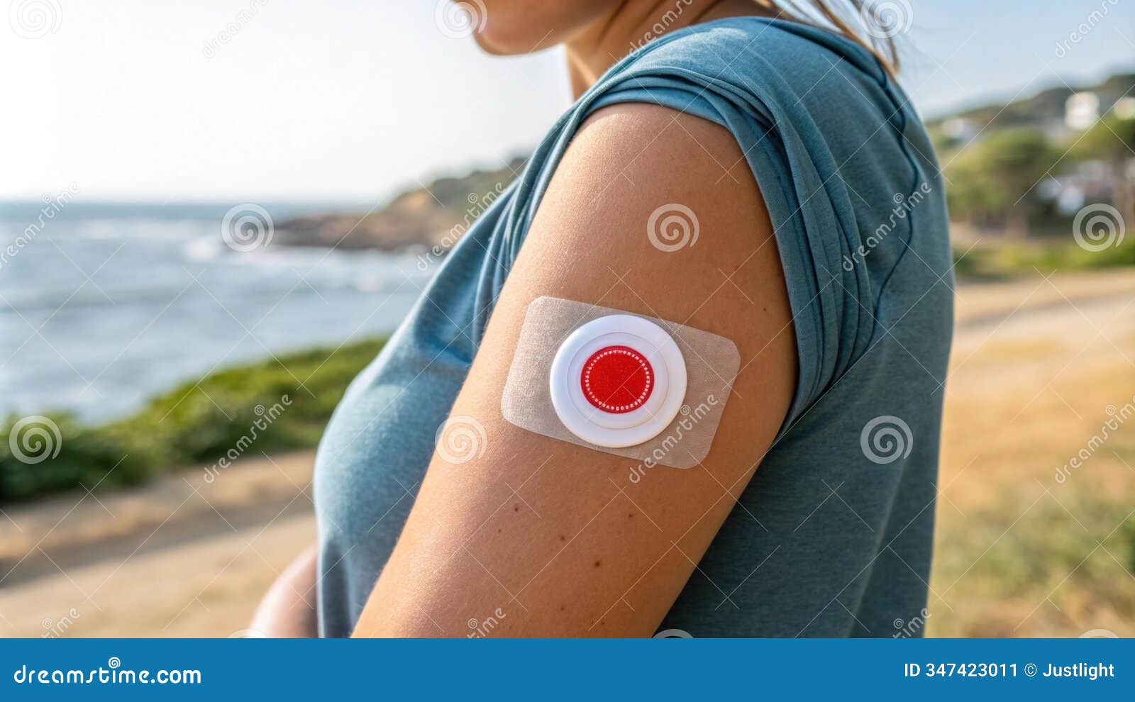 an innovative patch adhered to the skin changing color to indicate high uv levels and prompting users to seek shade..