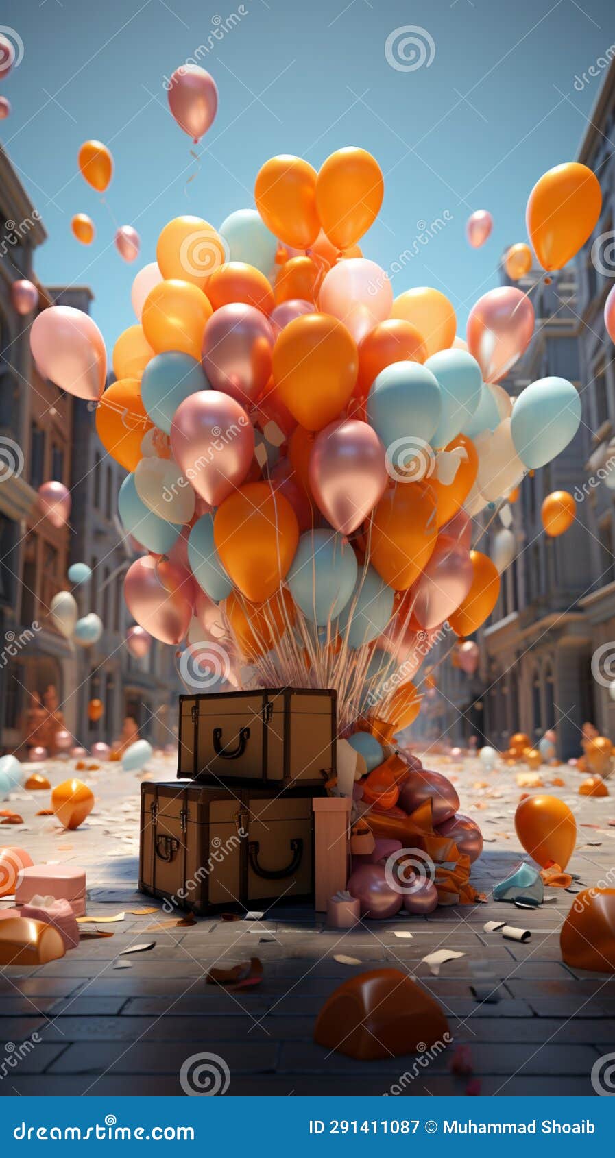 innovative scene gift box paired with soaring, vibrant balloons create a captivating composition