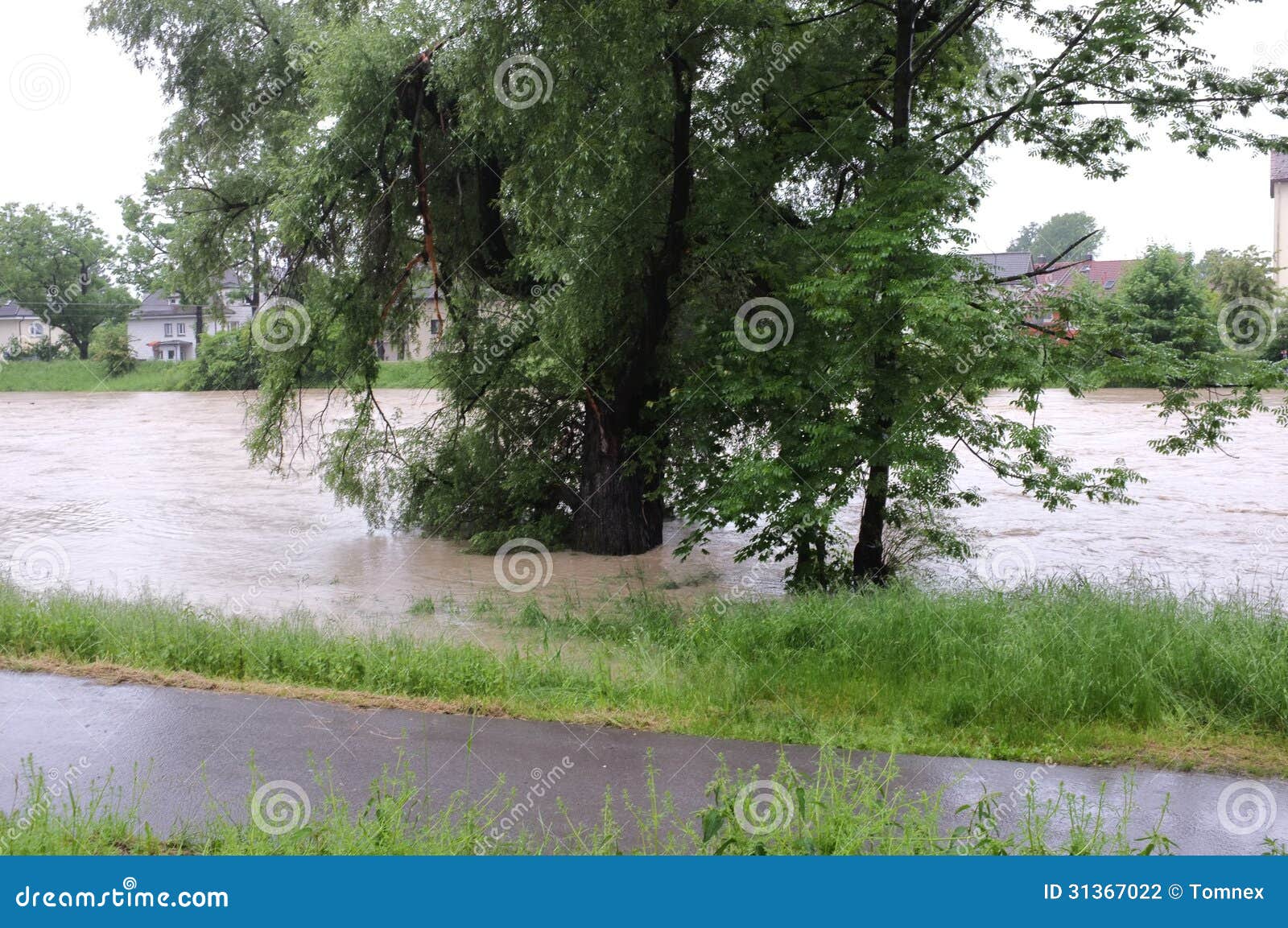 Turisti che guardano il fiume di Mangfall nella città di Rosenheim sul 2th del giugno 2013. Questo genere di inondazione accade una volta ogni 100 anni in questa regione di Baviera superiore.