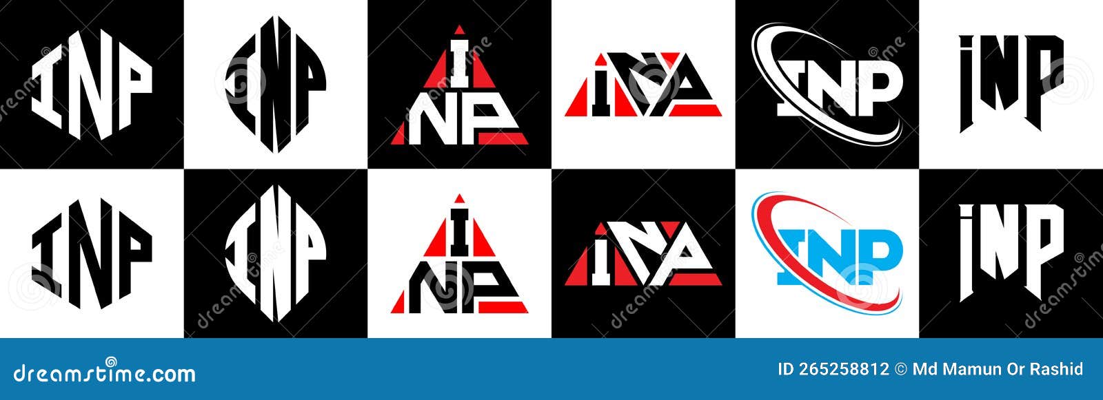 inp letter logo  in six style. inp polygon, circle, triangle, hexagon, flat and simple style with black and white color