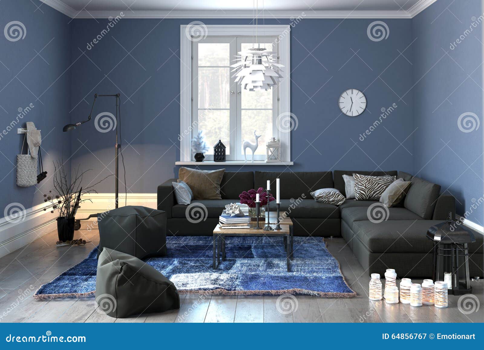 Inre av en modern vardagsrum i grå färger och blått stock ...