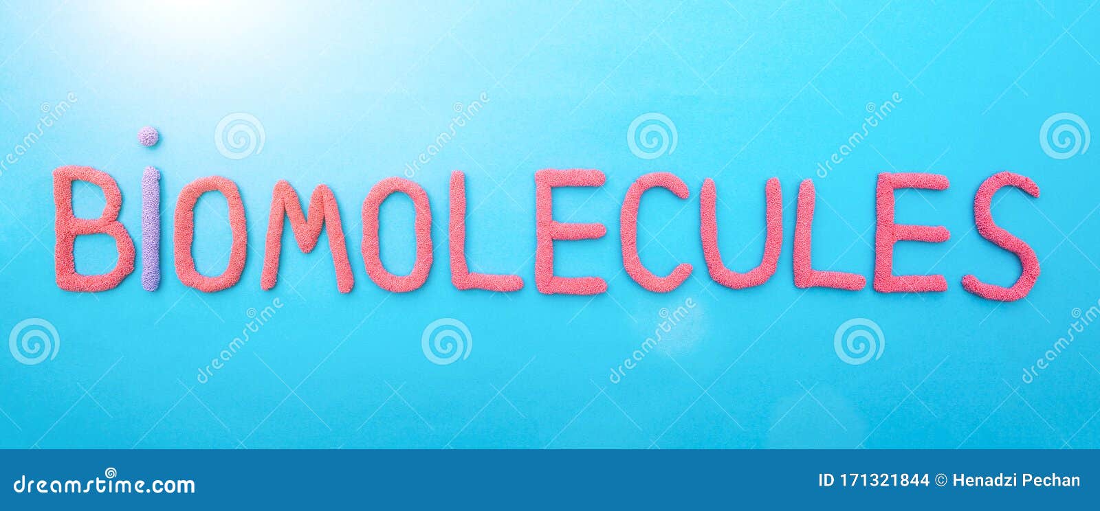 inscription biomolecule in red letters on a blue background. the concept of the section of science in biology