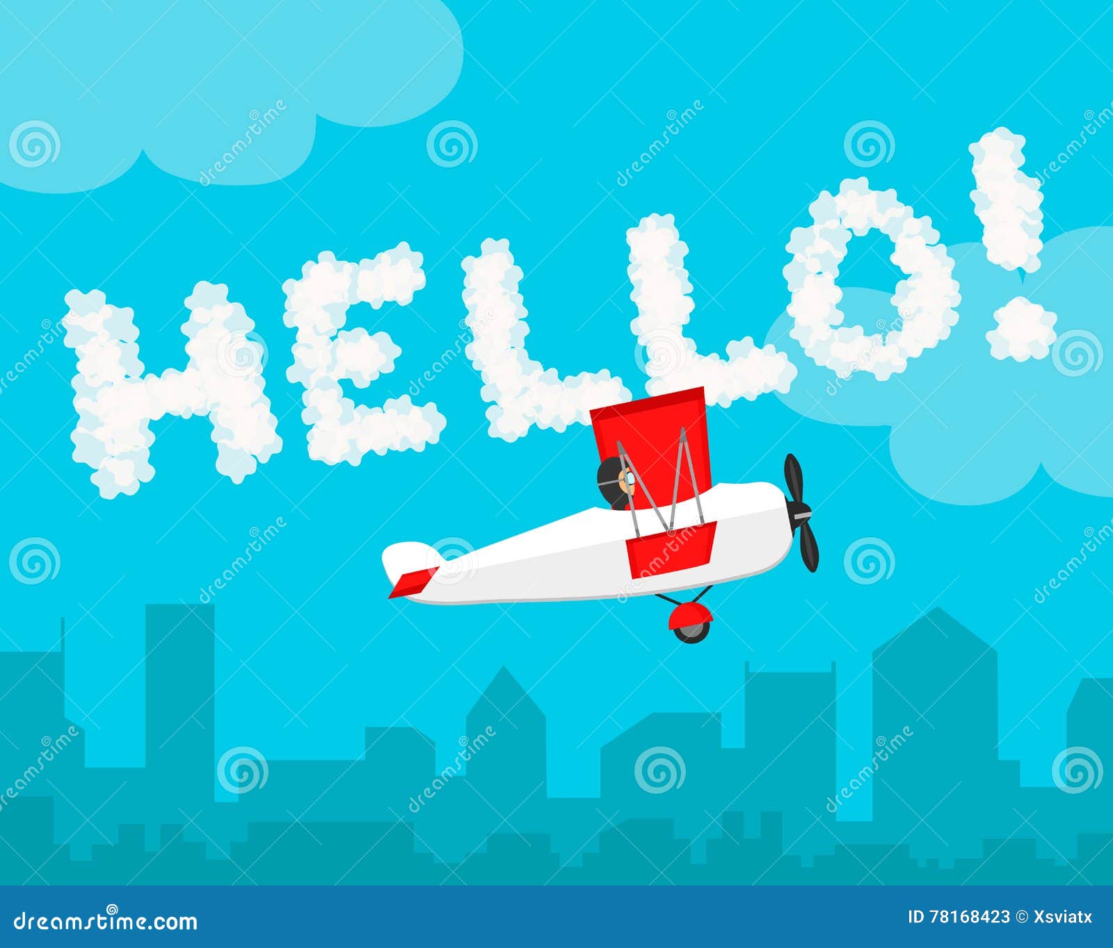 Inscription the Sky Hello! Cloud Letter Flat Vector Design. Airplane