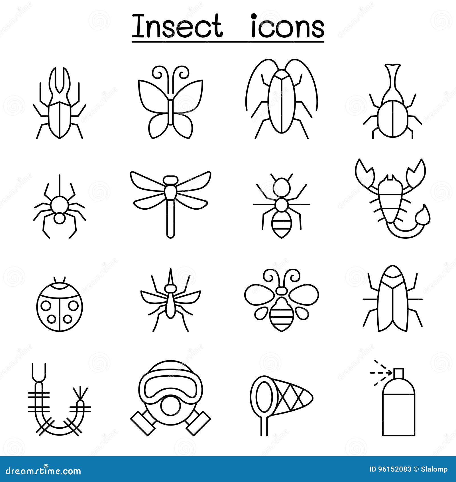 insect & bug icon set in thin line style