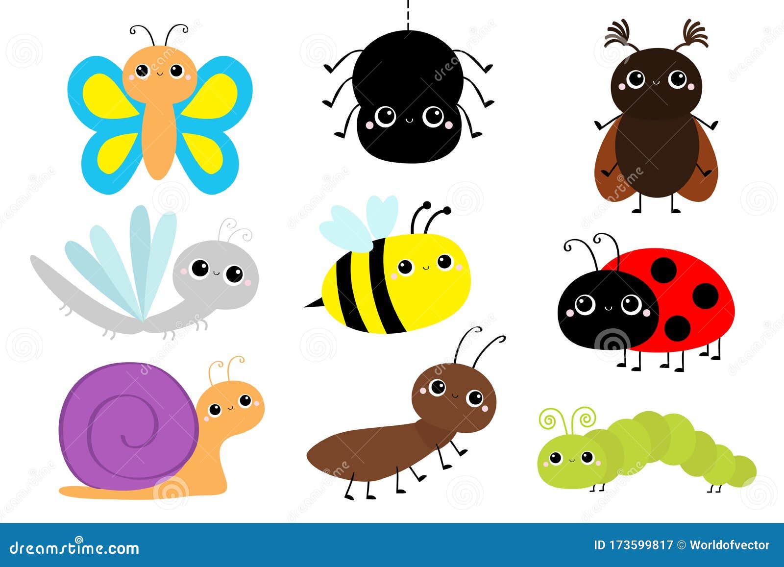 Bee EPS Сaterpillar Vector cartoon illustration SVG PNG Bug Dragonfly Baby animal Butterfly clipart Grasshopper Ladybug Butterfly