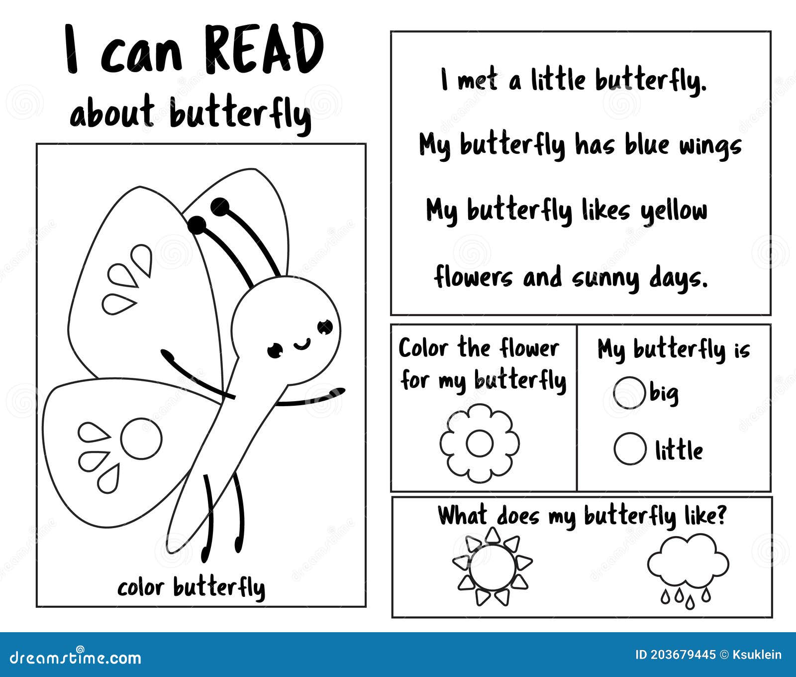 insect theme read and color page for kids. educational game for children. reading comprehension worksheet for pre school