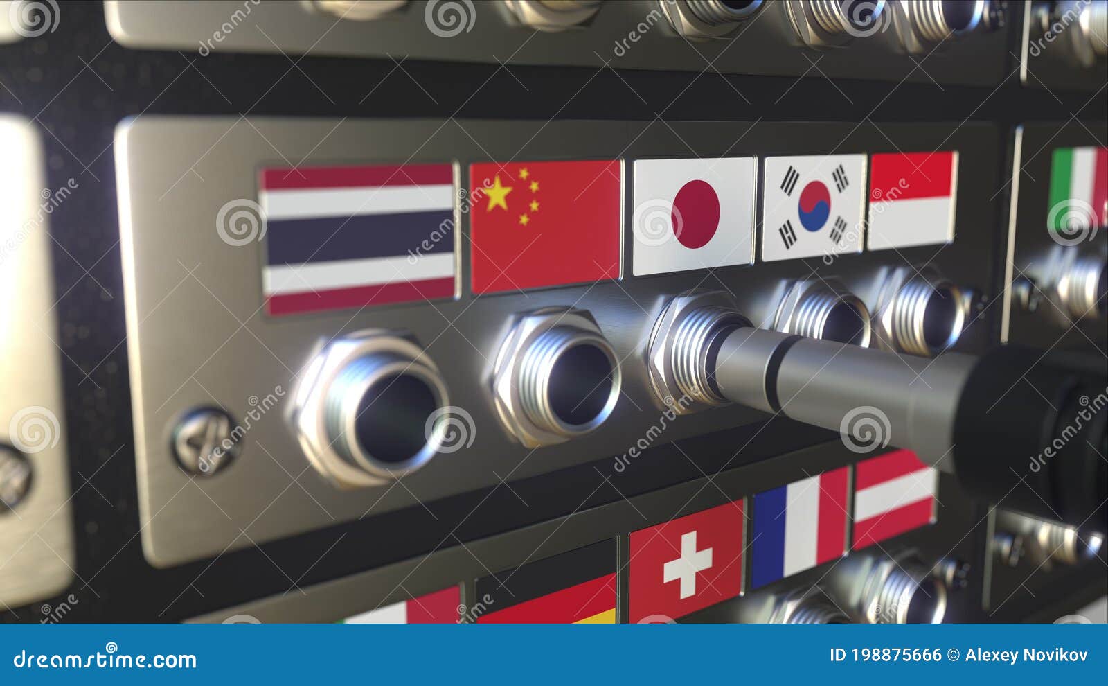 Inserting Connector into a Socket with Flag of Japan. Translation or