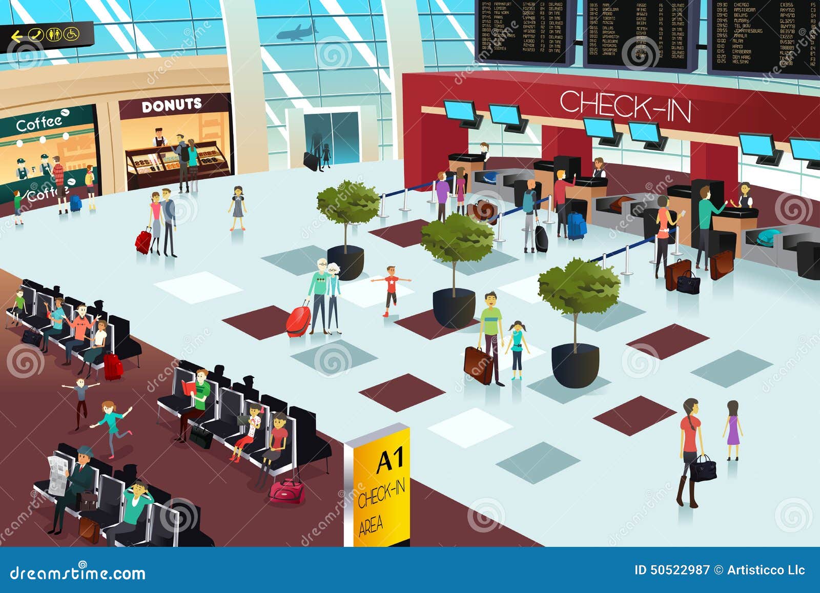 机场团体旅客排队办理登机手续。卡通插图。插画图片素材_ID:379965481-Veer图库