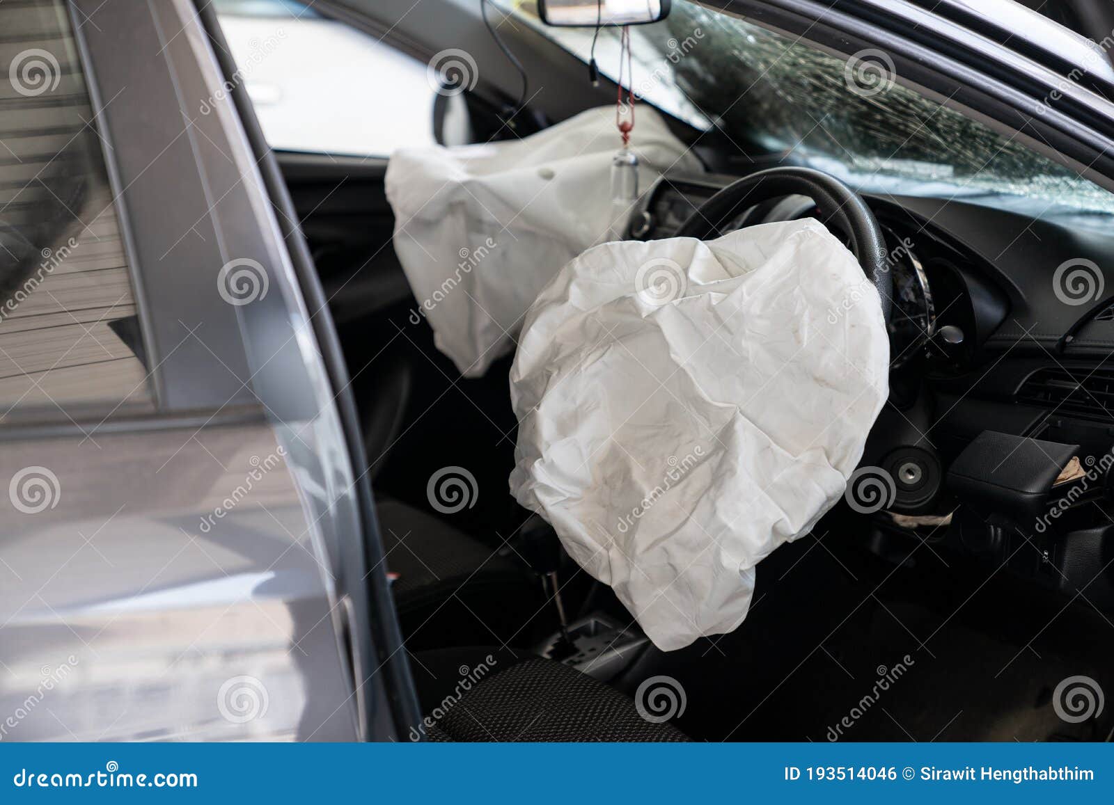 Inside Automobile, Airbag Exploded at a Car after the Accident. Driver
