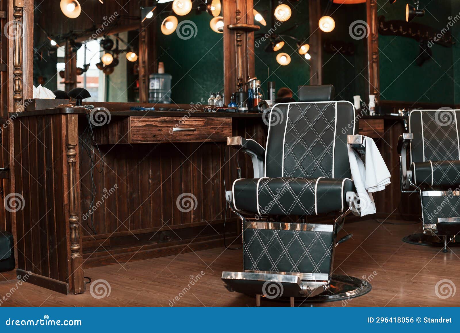 Inside of the Barber Shop. Chair, Mirror, Equipment Stock Photo Image