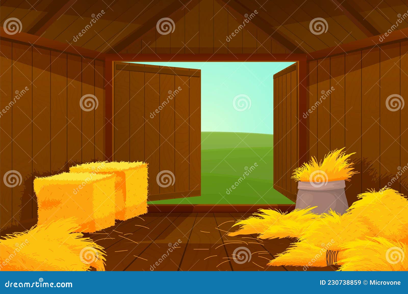 inside barn house. cartoon farm wooden, hay or straw inside. door open into meadow, shed for instruments and agriculture