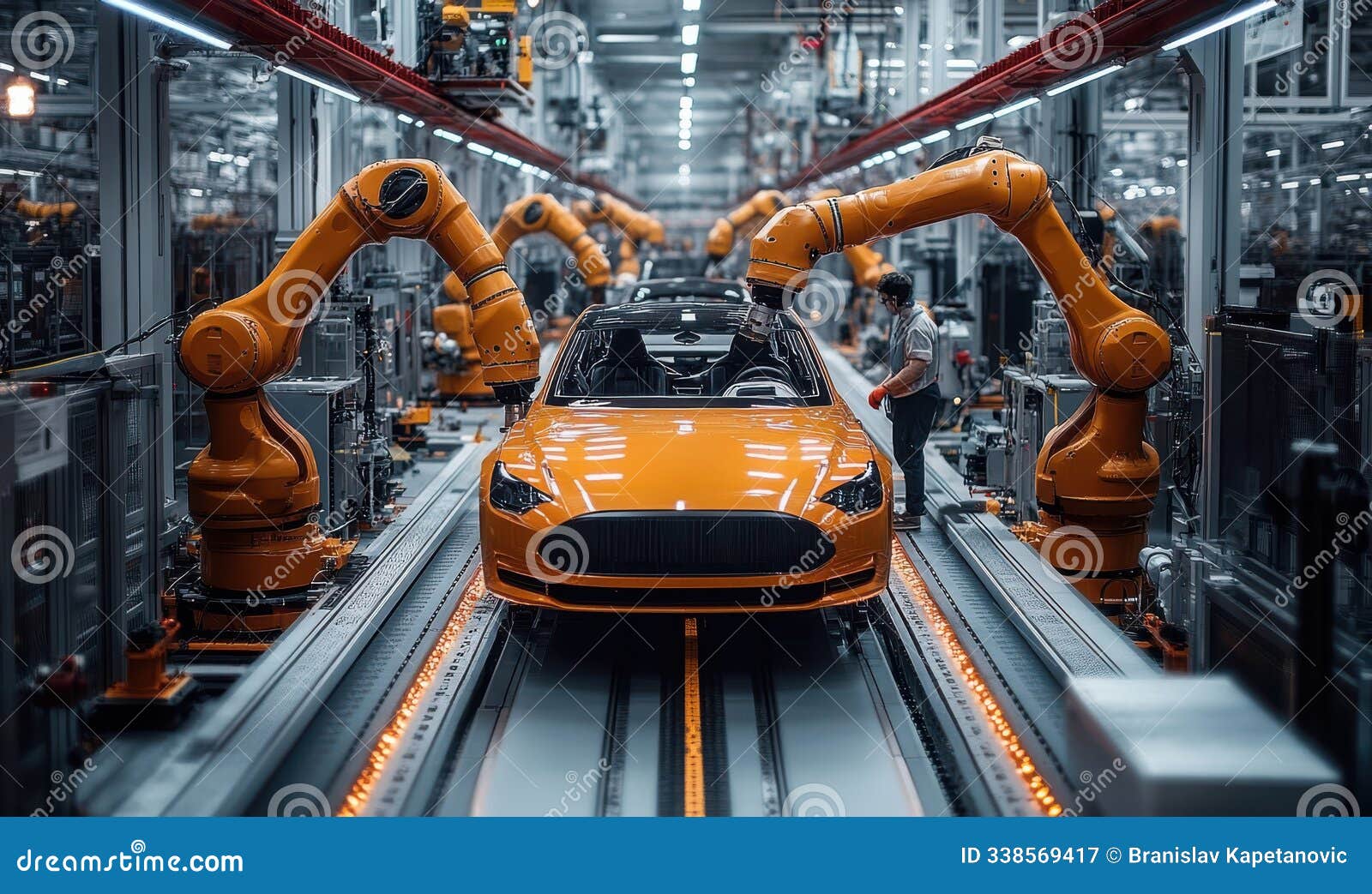a vibrant car production factory featuring robotic arms and assembly lines operating efficiently during the day
