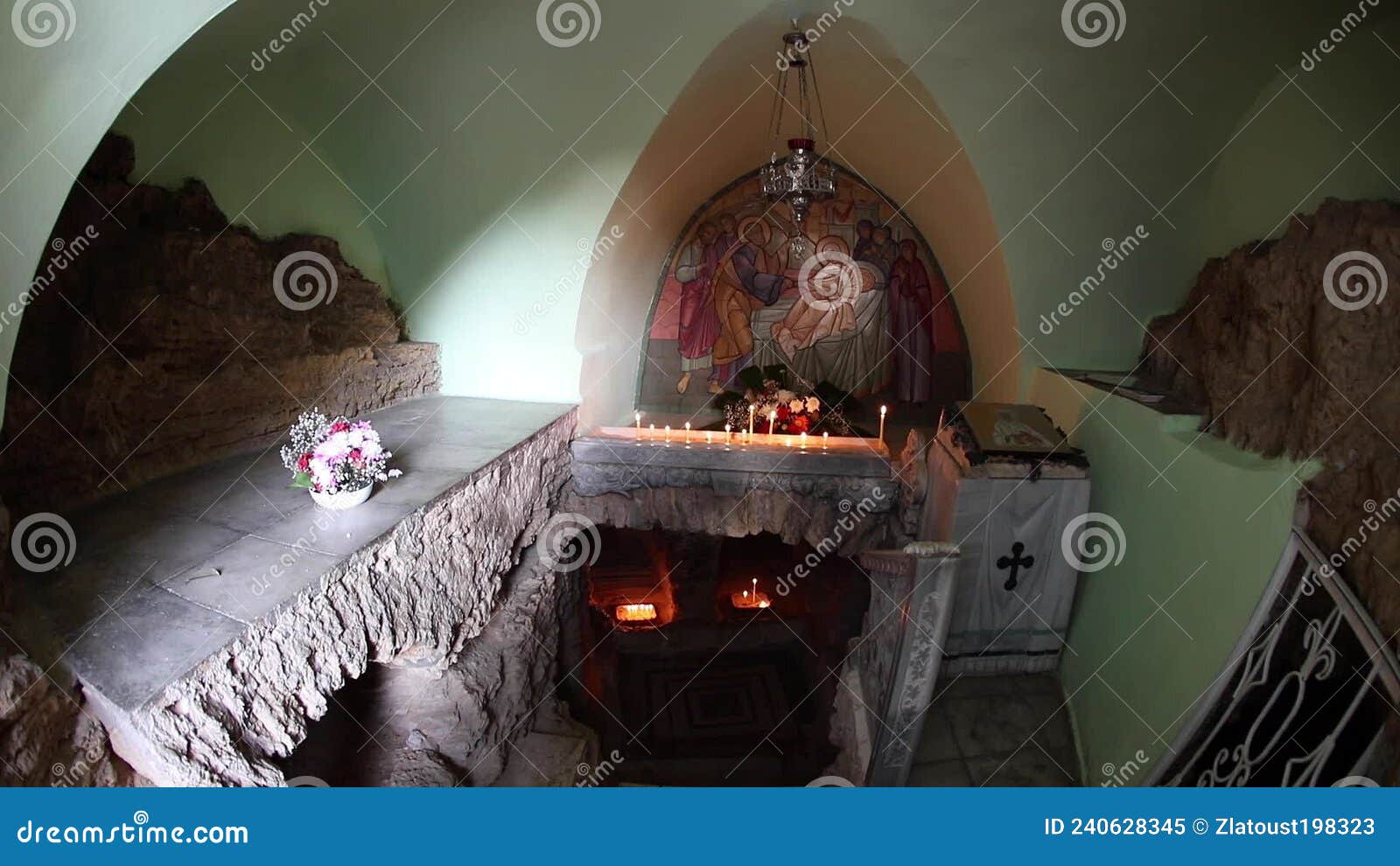 Inside the Cave of St. Tabitha. Candles are Burning Stock Video Video