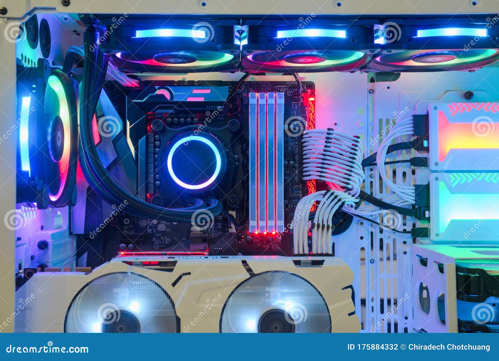 Inside Desktop PC Gaming and Cooling Fan CPU System with Multicolored LED  RGB Light Show Statu Stock Photo - Image of card, equipment: 175884332