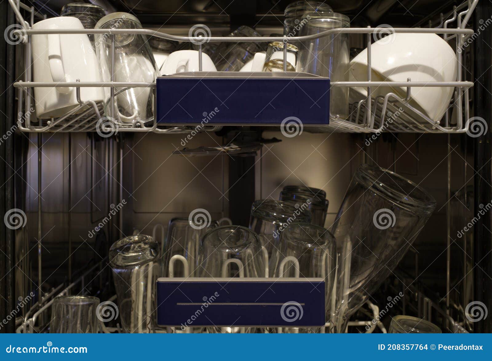 Inside Dishwasher with Fully of Cup and Glass. Stock Photo Image of