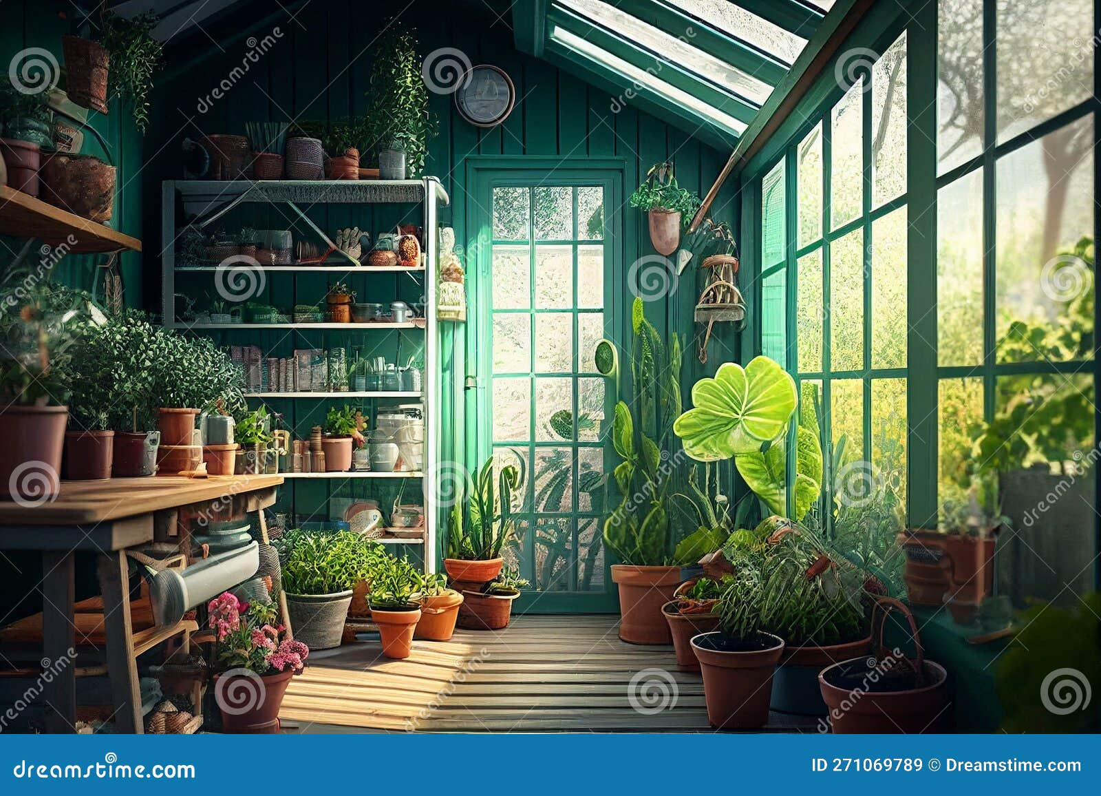 Inside Greenhouse with Potted Plants and Supplies Generative AI Stock