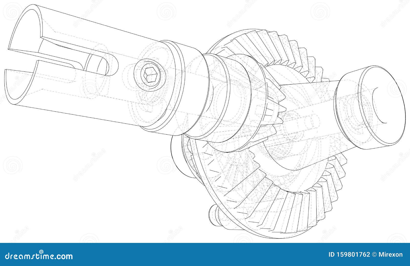 Inside View on Gearbox Cross Section with Gears and Shafts. Wireframe
