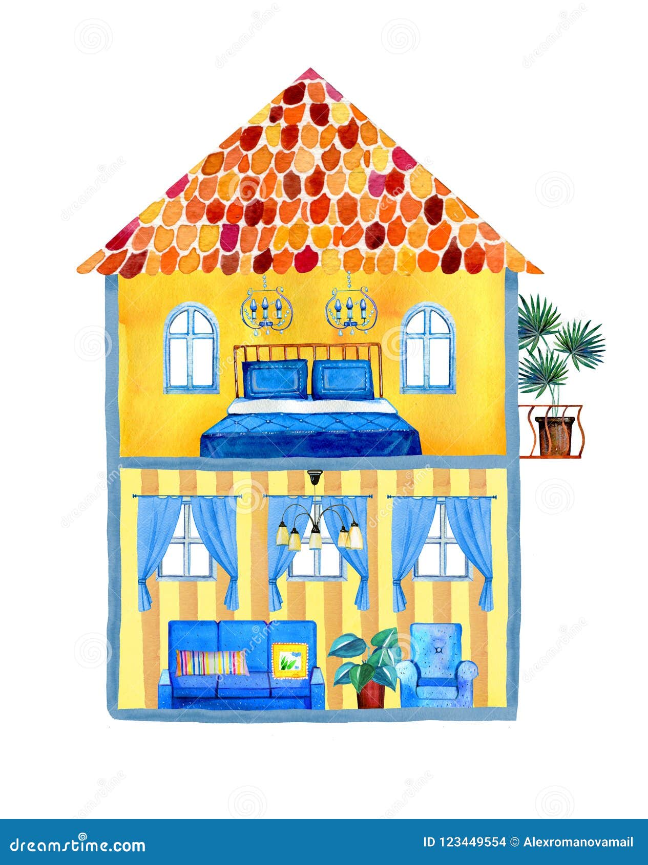 Inside View of Two-story Cartoon House with Furniture and Decorations. Hand Drawn Watercolor Illustration Stock Illustration - Illustration of color, home: 123449554 Inside View of Two-story Cartoon House with Furniture and Decorations. Hand Drawn Watercolor Illustration Stock Illustration - Illustration of color, home: 123449554