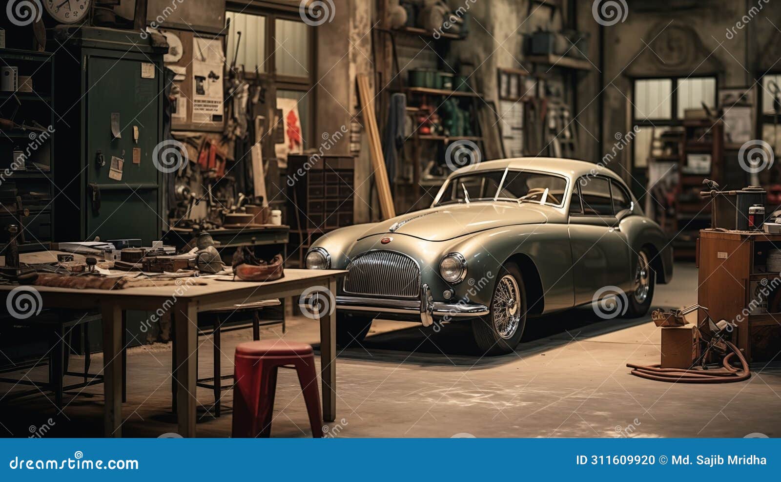 inside a vintage car service shop, an experienced repairman meticulously jotting down details, ai generated