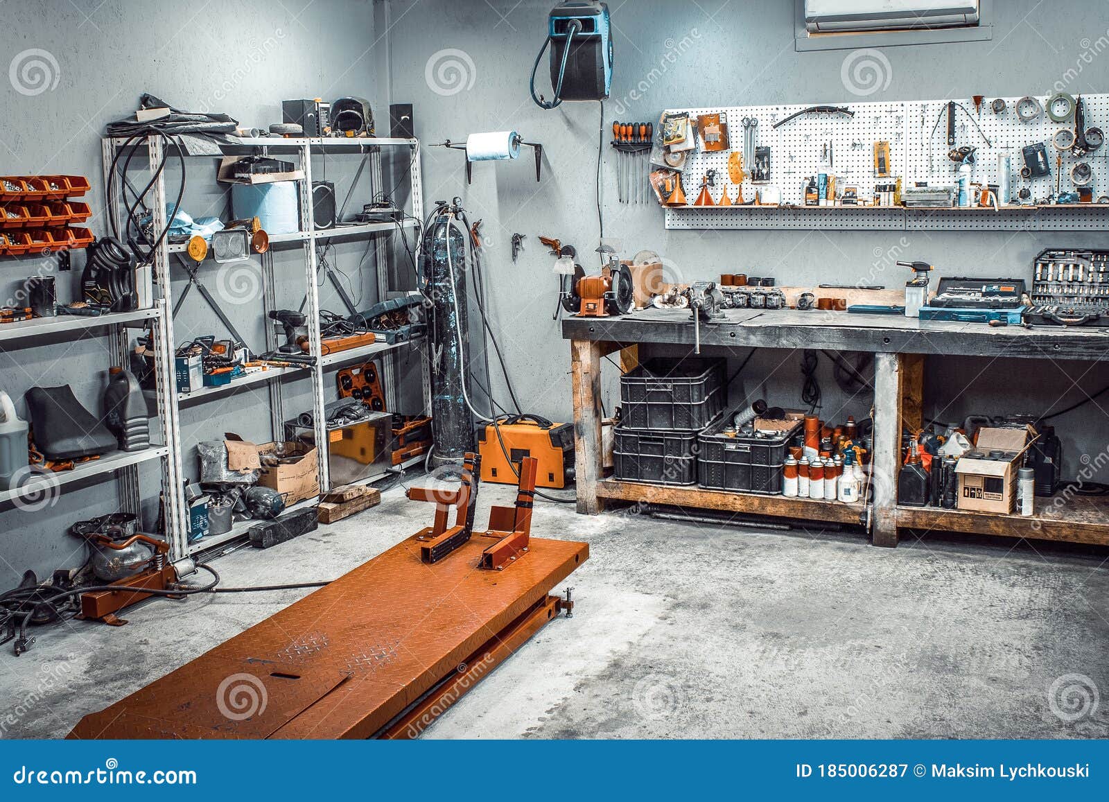 Inside with Workbench, Shelving, Tool Kit Stock Image Image