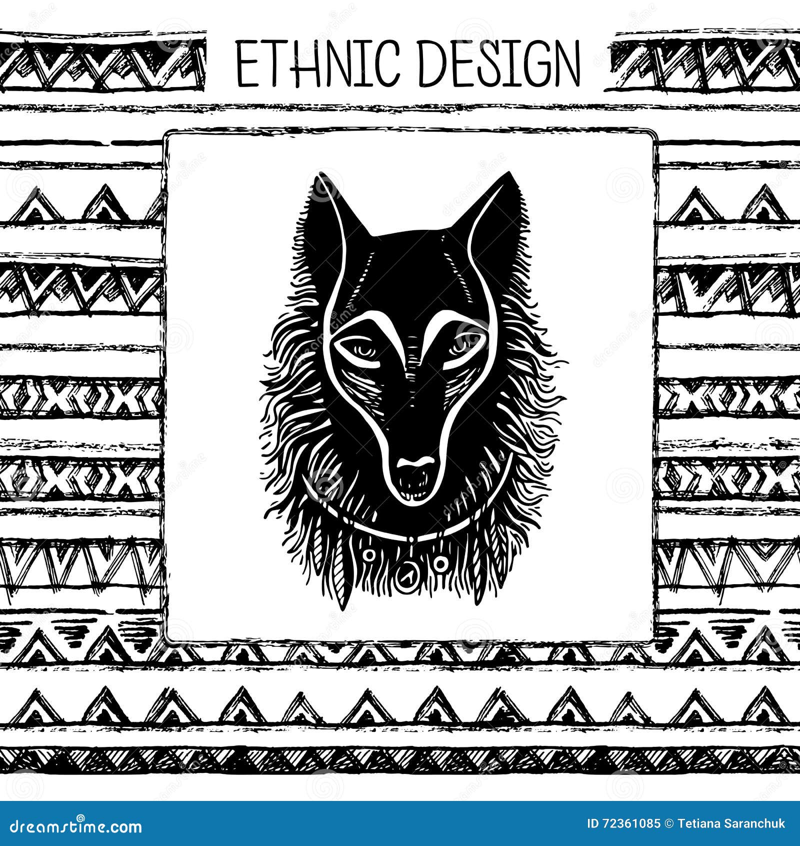 Insieme del fronte in bianco e nero del lupo dell inchiostro di disegno della mano Senza cuciture etnico tribale Colori in bianco