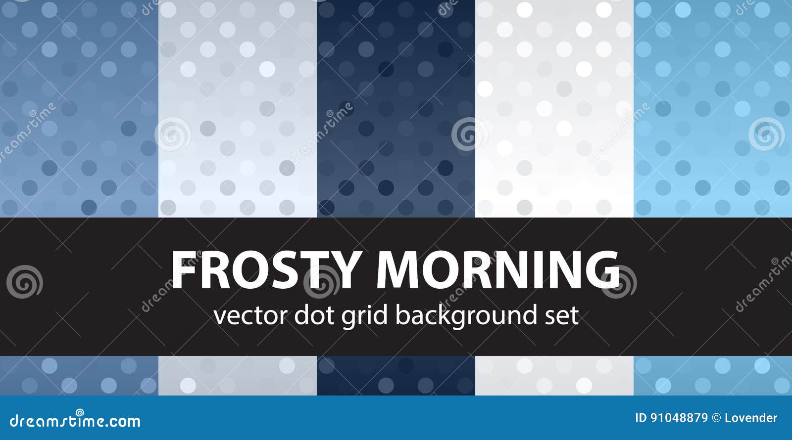 Insieme del modello di pois. Modello di pois Frosty Morning stabilito Ambiti di provenienza geometrici senza cuciture del punto di vettore: punti blu, grigi e bianchi sui contesti di pendenza