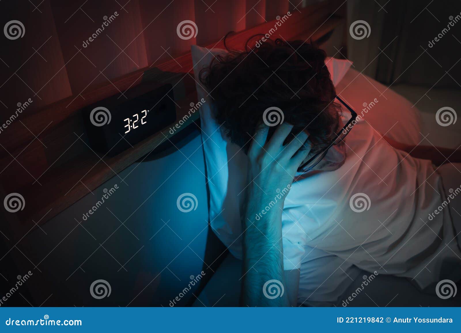 Insomnia Sleepless Man Having Problem Sleeping in Late Night with Alarm