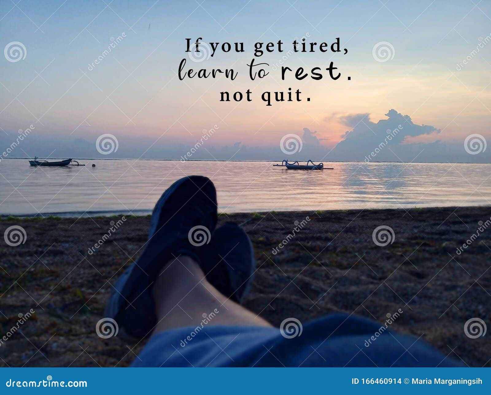 inspirational motivational quote - if you get tired, learn to rest, not quit. with blurry image of young woman legs sitting alone