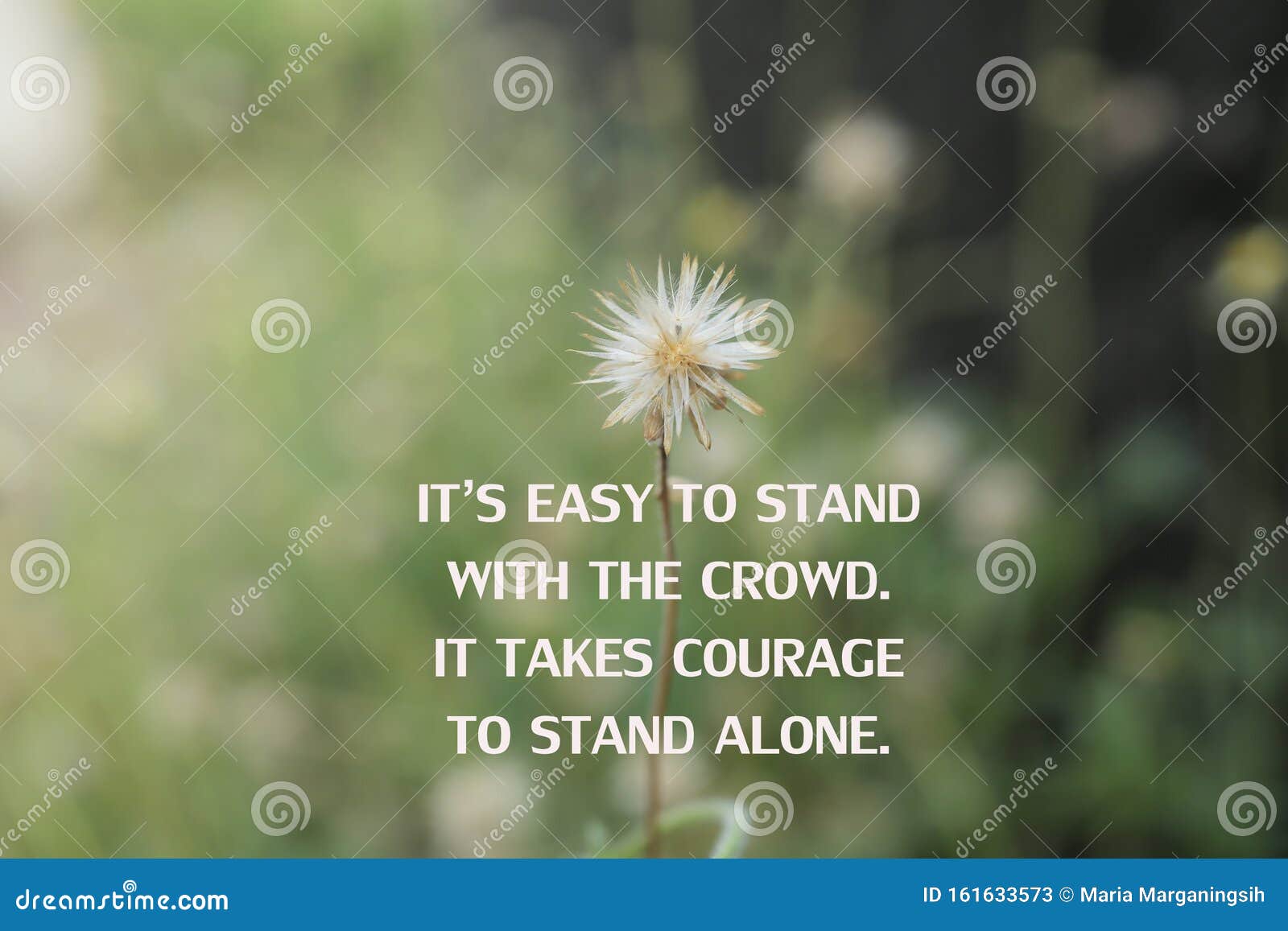 inspirational quote - it is easy to stand with the crowd. it takes courage to stand alone. with white wild flower & green meadow