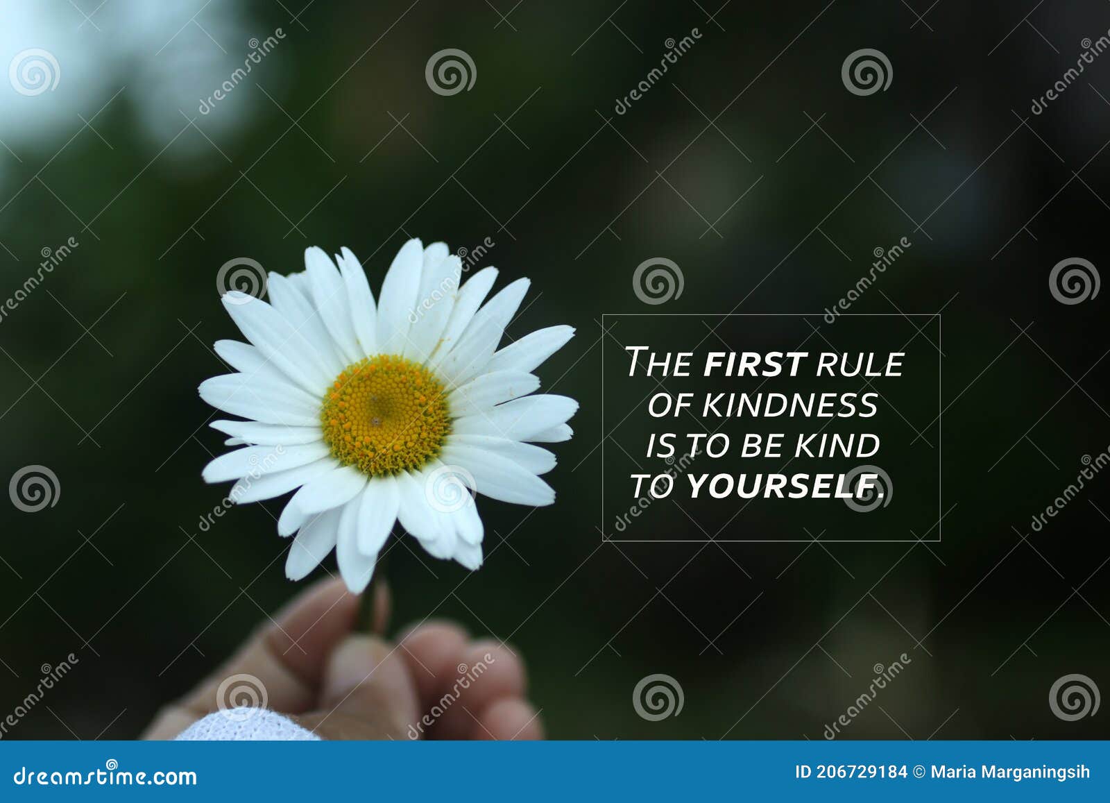 inspirational quote - the first rule of kindness is to be kind to yourself. self love care, healing concept with flower in hand.