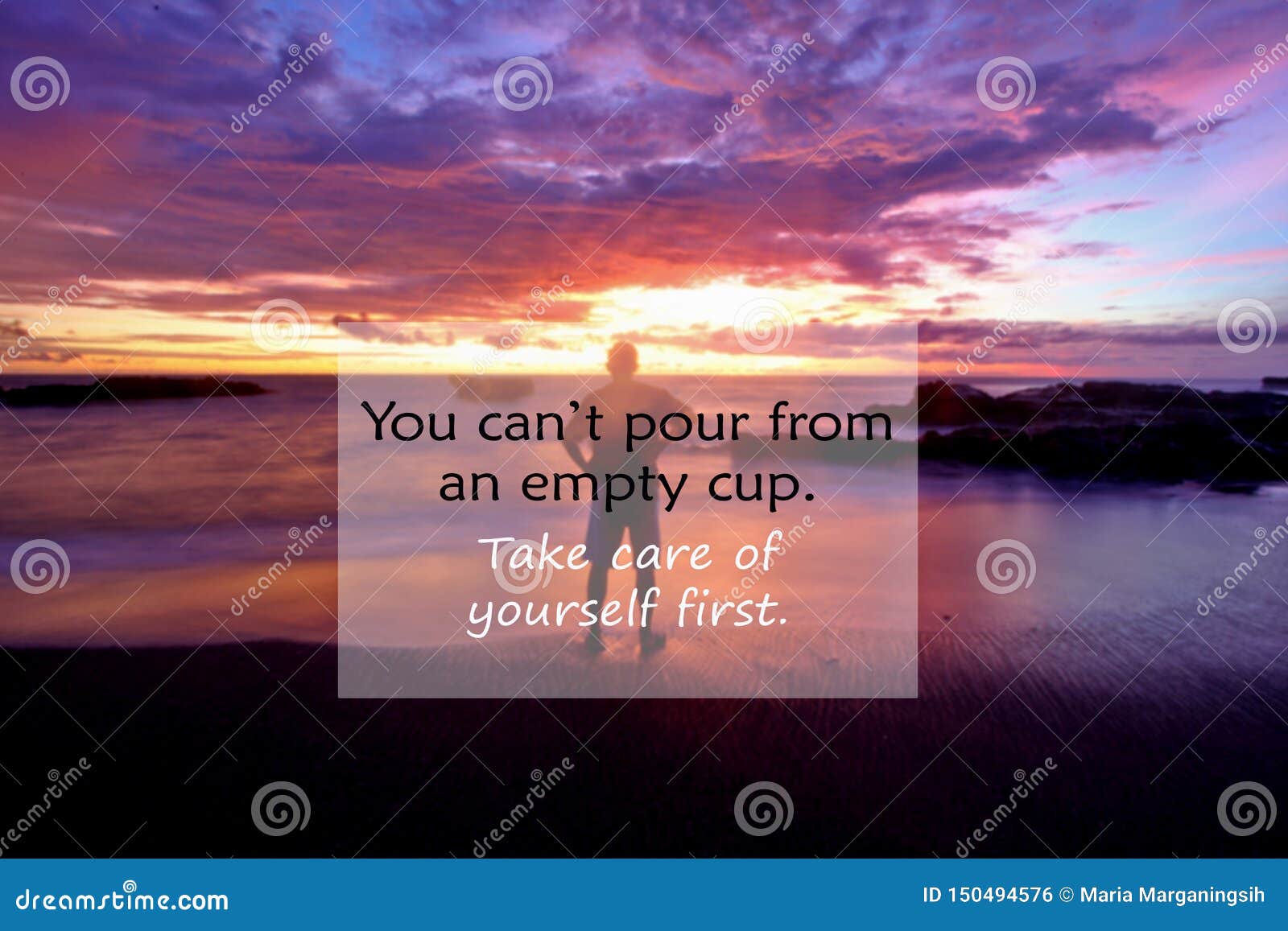 inspirational quote- you can not pour from an empty cup. take care of yourself. with blurry image of a man standing looking at the