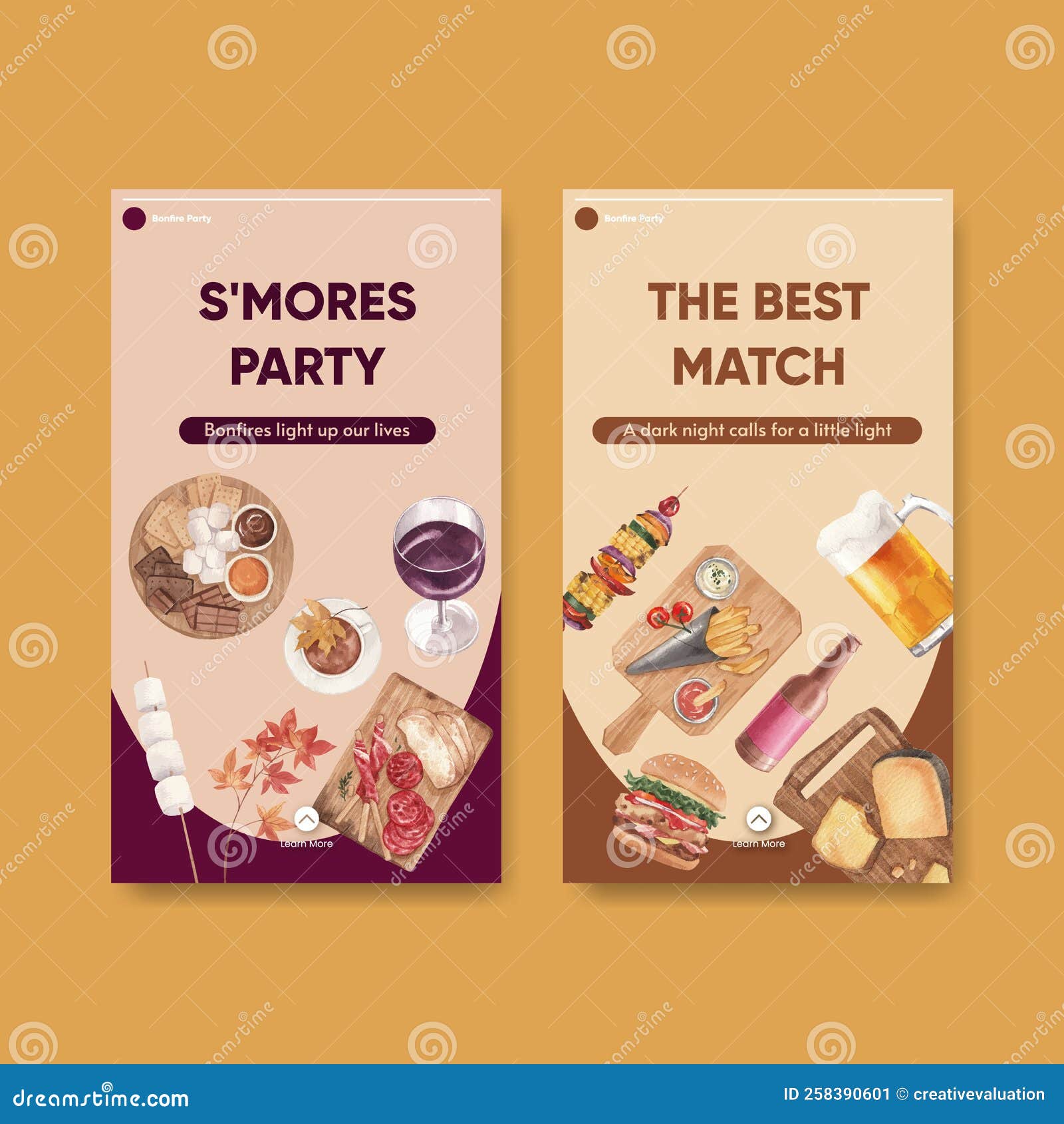 Instagram Template with Bonfire Party Concept,watercolor Style Stock