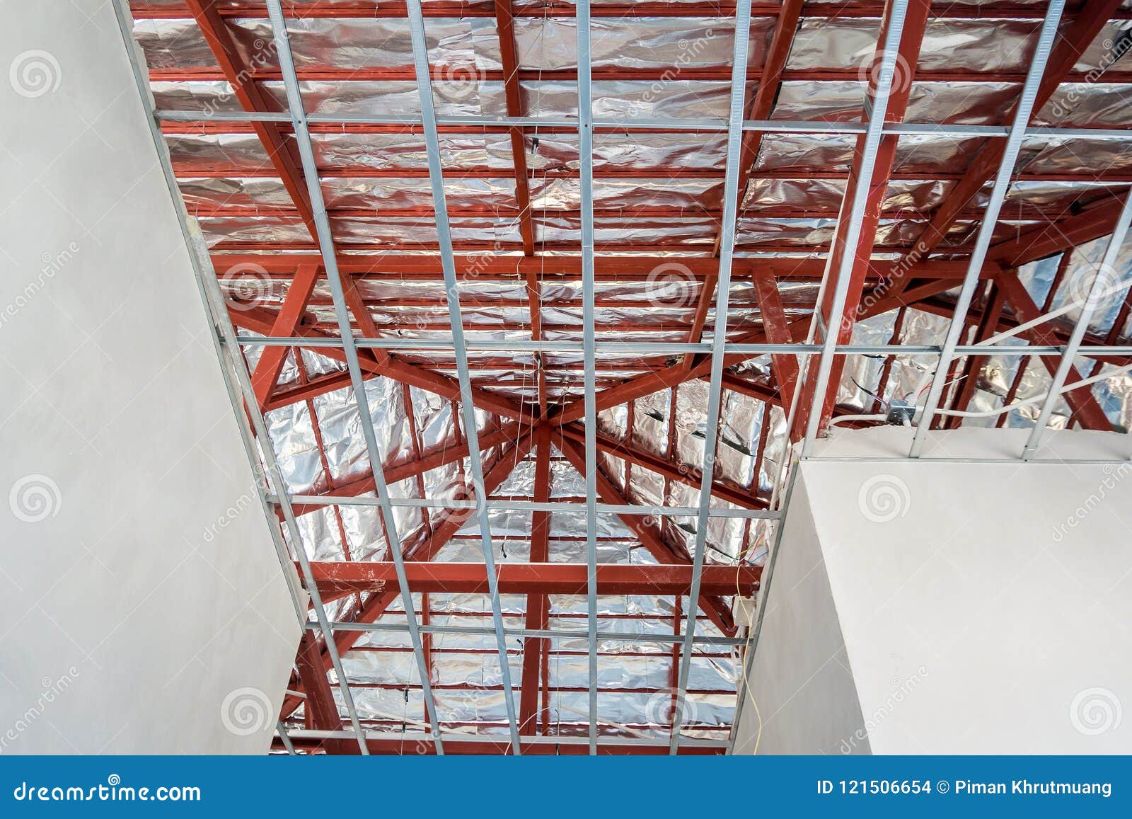 Install Metal Frame For Plaster Board Ceiling At House Stock Photo